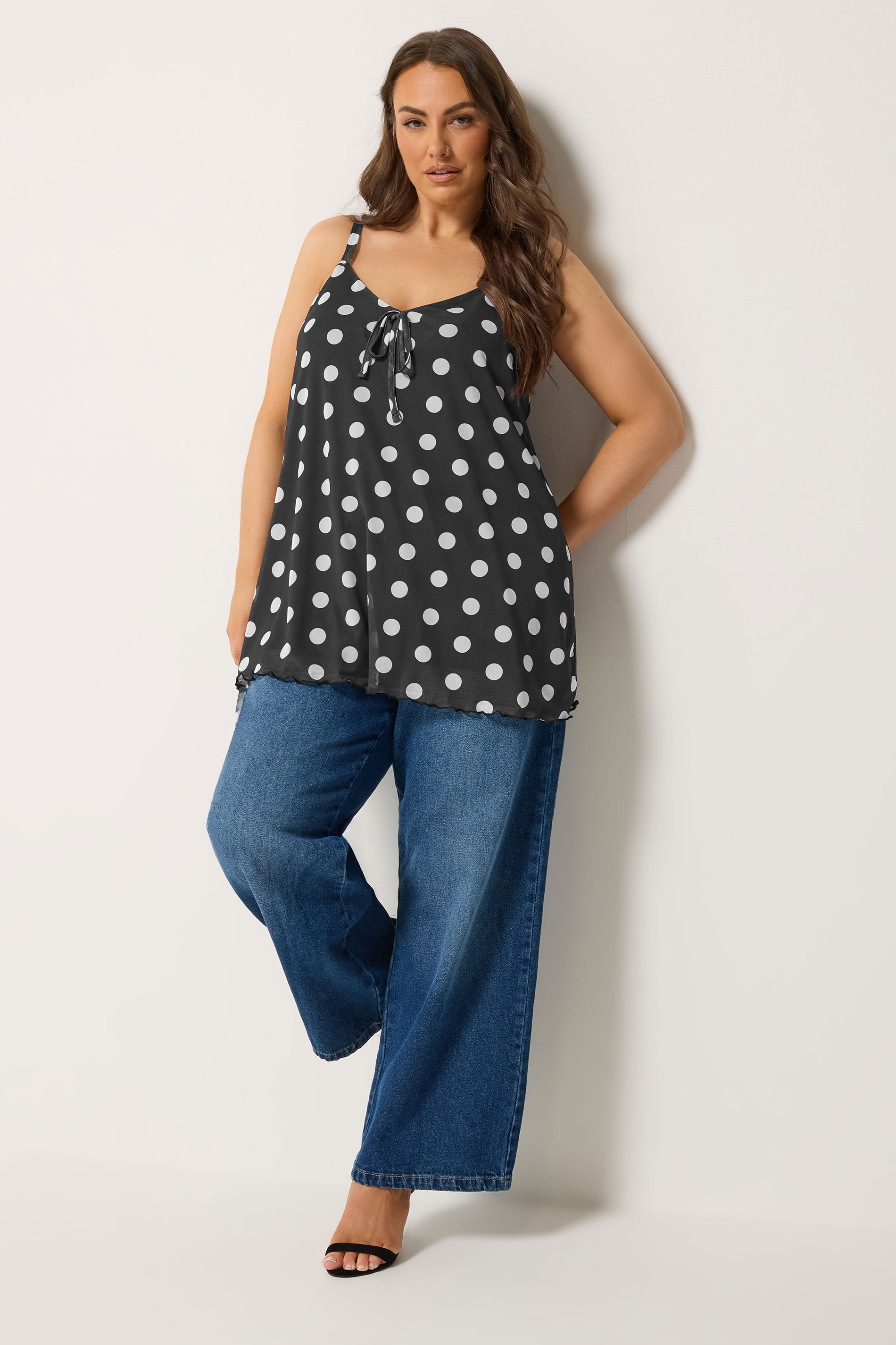 YOURS Plus Size Black Polka Dot Mesh Vest Top | Yours Clothing 1