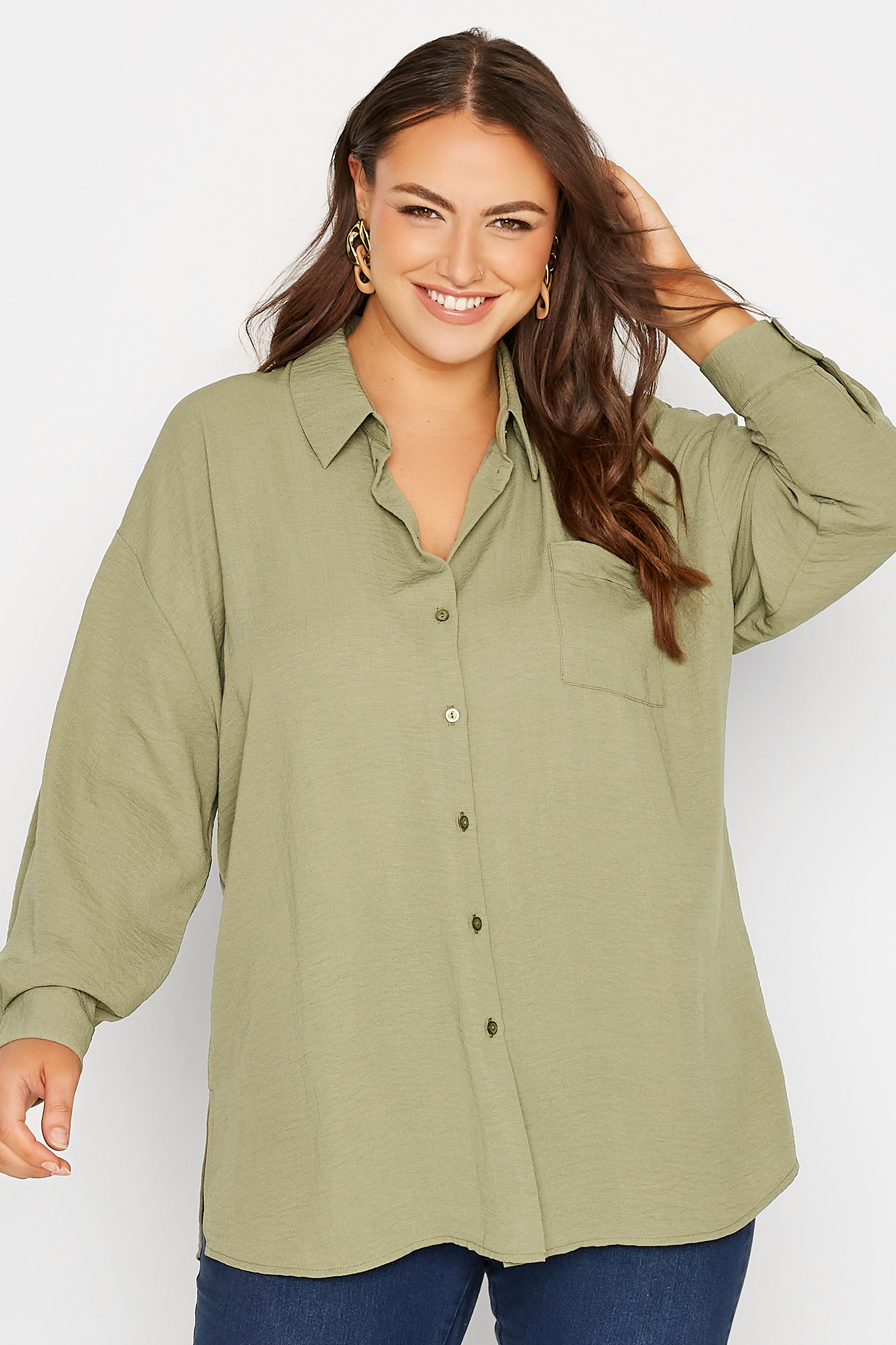 YOURS LONDON Plus Size Khaki Green Oversized Satin Shirt | Yours Clothing 1