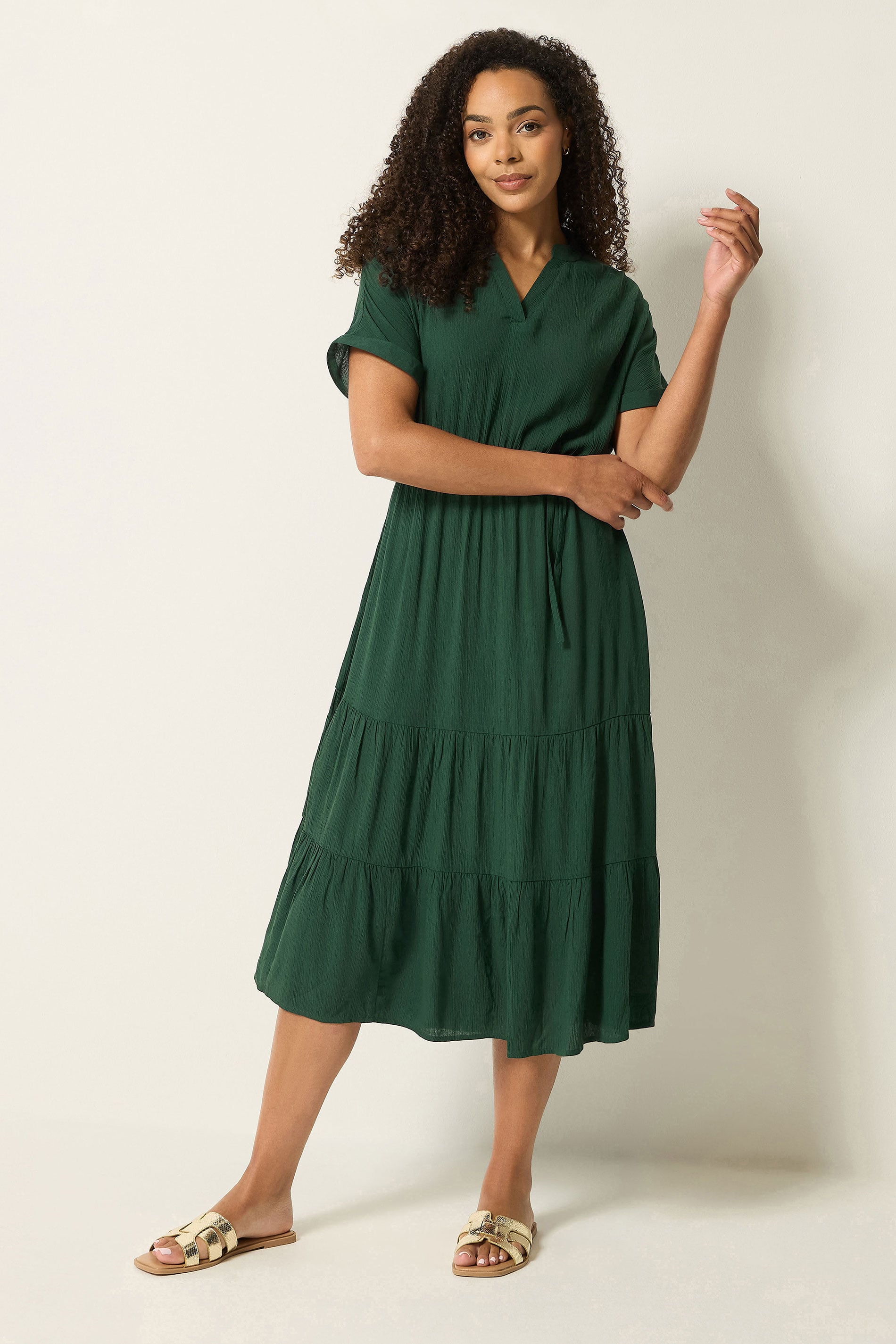 M&Co Green Tiered Tie Waist Midi Dress | M&Co 1