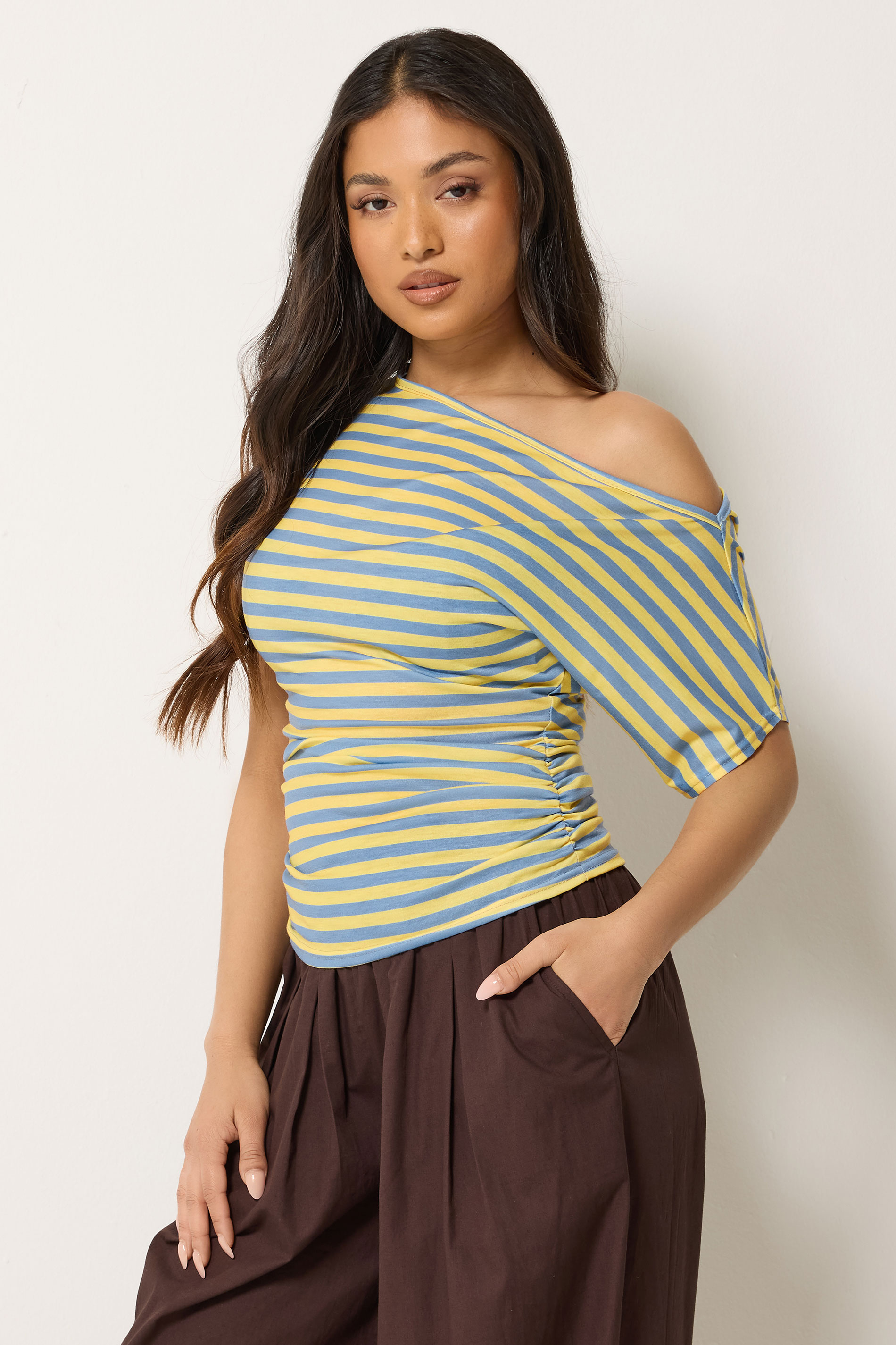 PixieGirl Petite Women's Blue & Yellow Stripe Slash Neck Ruched T-Shirt | PixieGirl  3