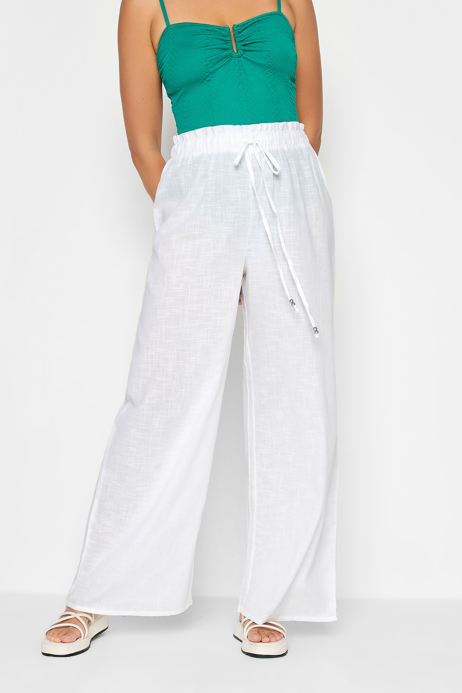 LTS Tall Women's White Cotton Wide Leg Beach Trousers | Long Tall Sally  1