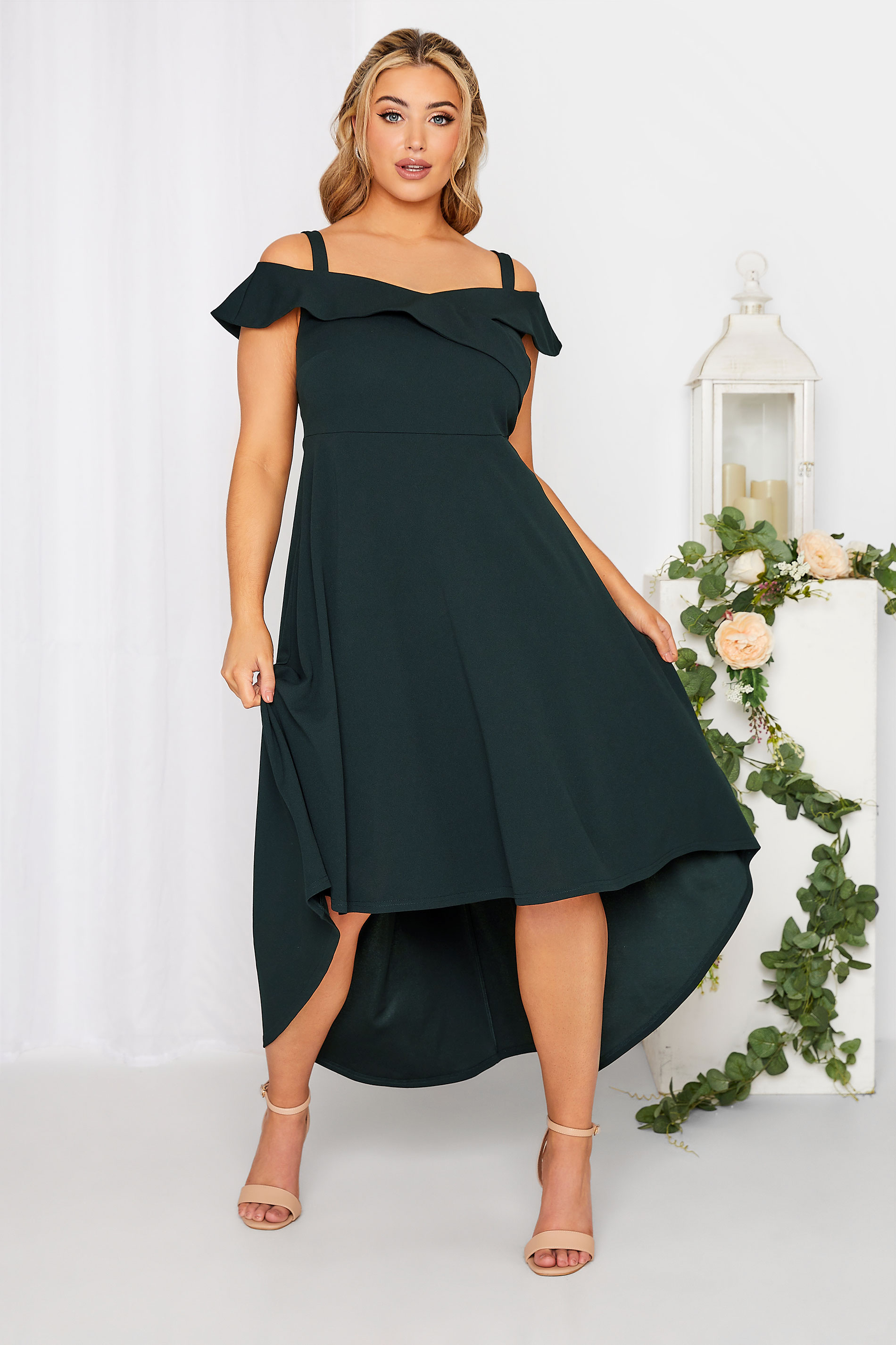 YOURS LONDON Plus Size Curve Black Bardot High Low Midi Bridesmaid Dress | Yours Clothing 1