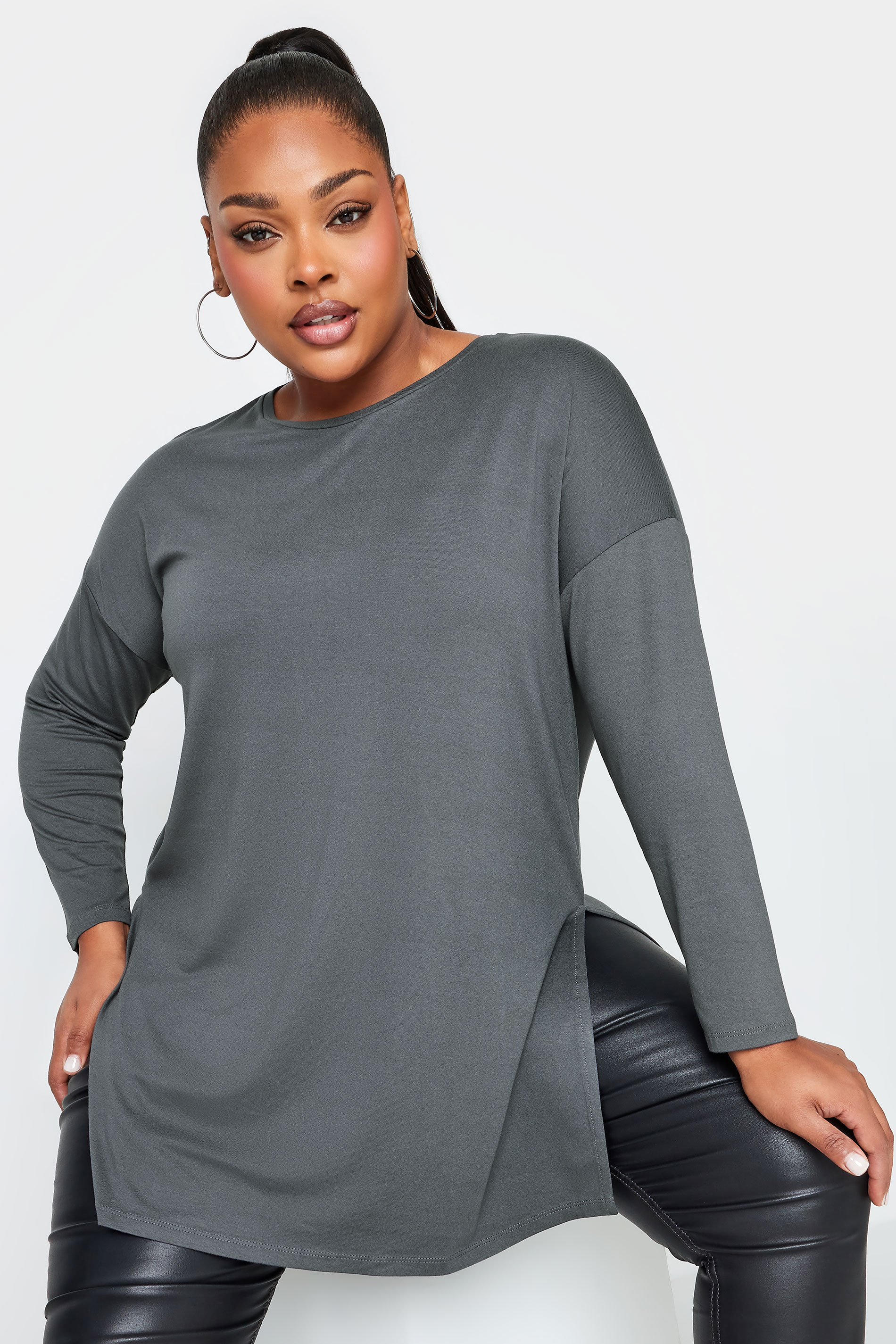 YOURS Curve Grey Split Hem Long Sleeve T-Shirt | Yours Clothing 1