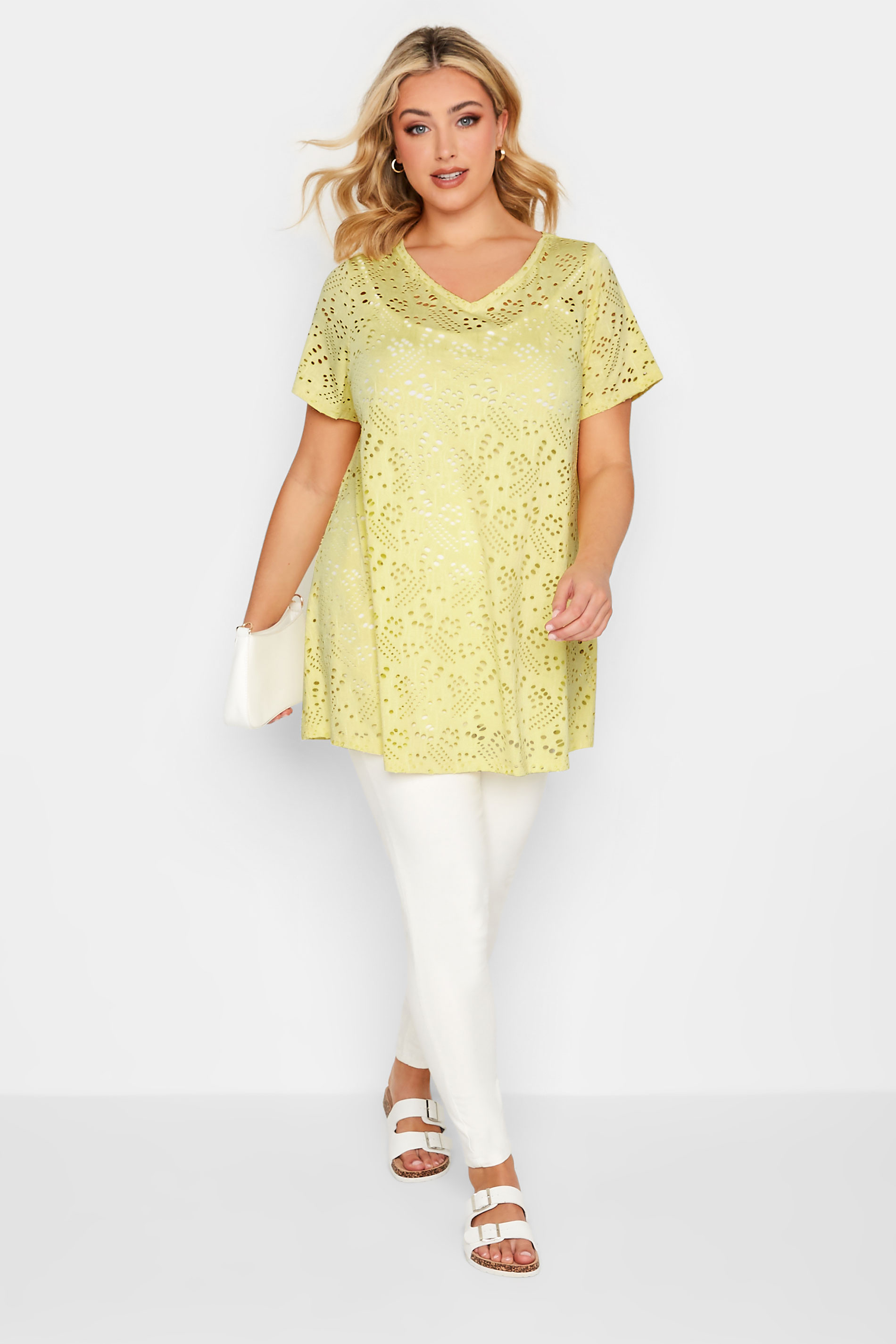 YOURS Curve Plus Size Yellow Broderie Anglaise Swing V-Neck T-Shirt | Yours Clothing  2
