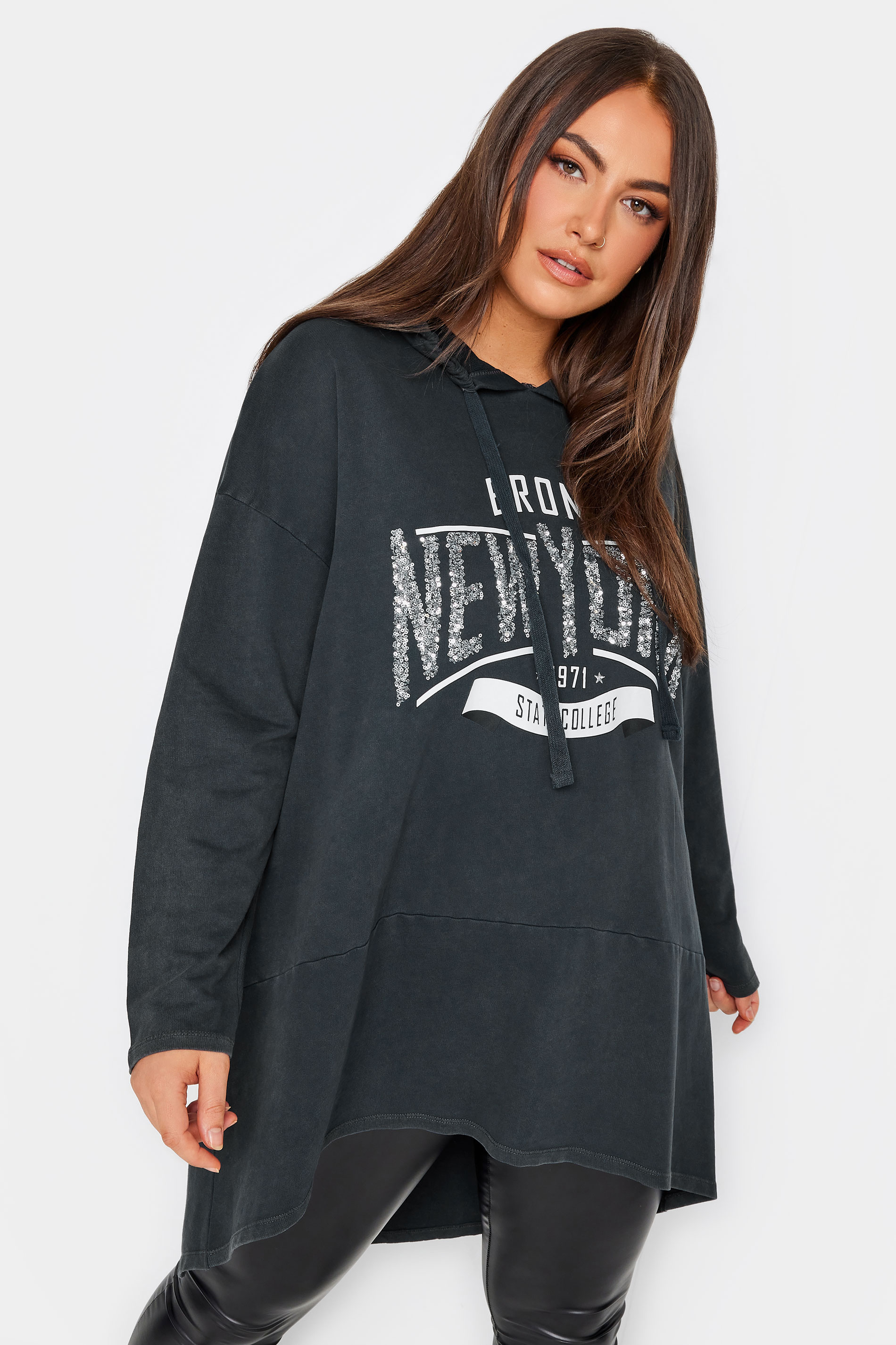 YOURS Plus Size Black 'New York' Slogan Acid Wash Hoodie | Yours Clothing 1