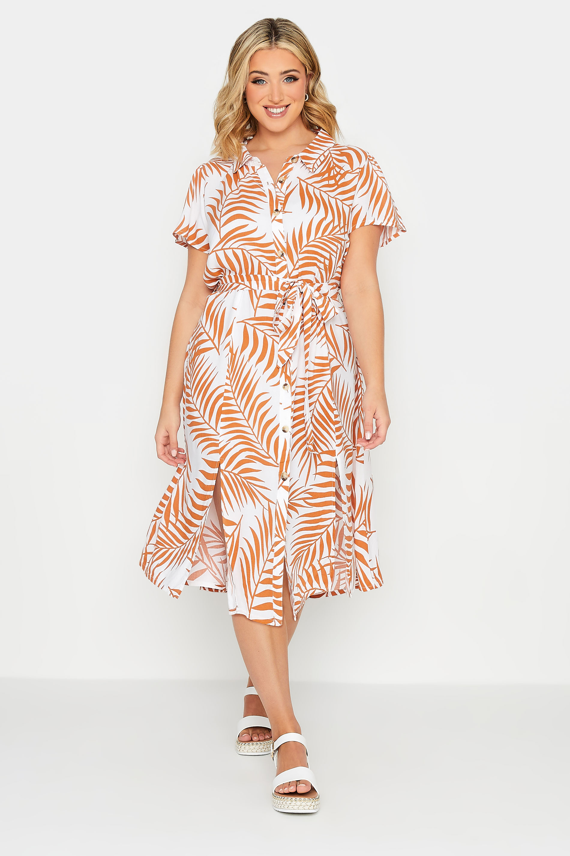 YOURS PETITE Plus Size Curve White & Orange Leaf Print Belted Midi Dress | Yours Clothing  1