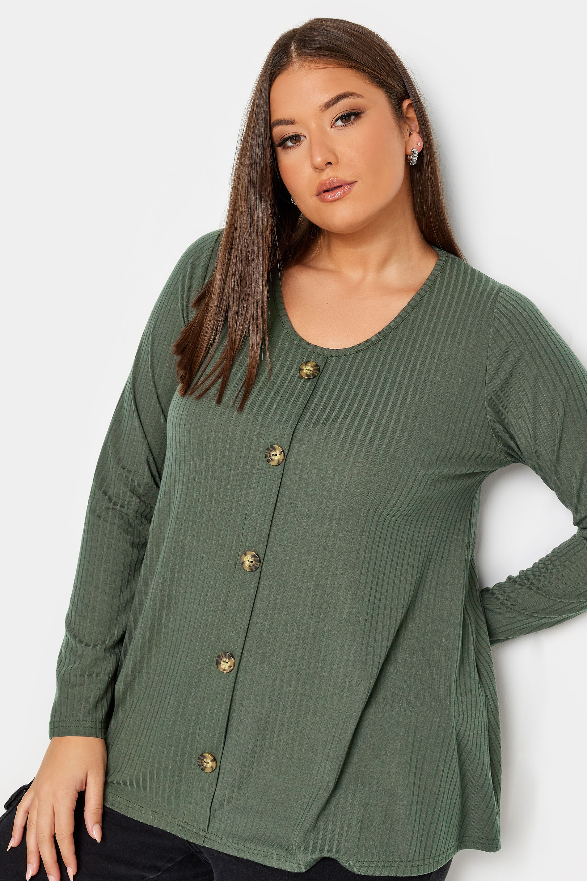 LIMITED COLLECTION Plus Size Khaki Green Ribbed Button Front Top | Yours Clothing 1