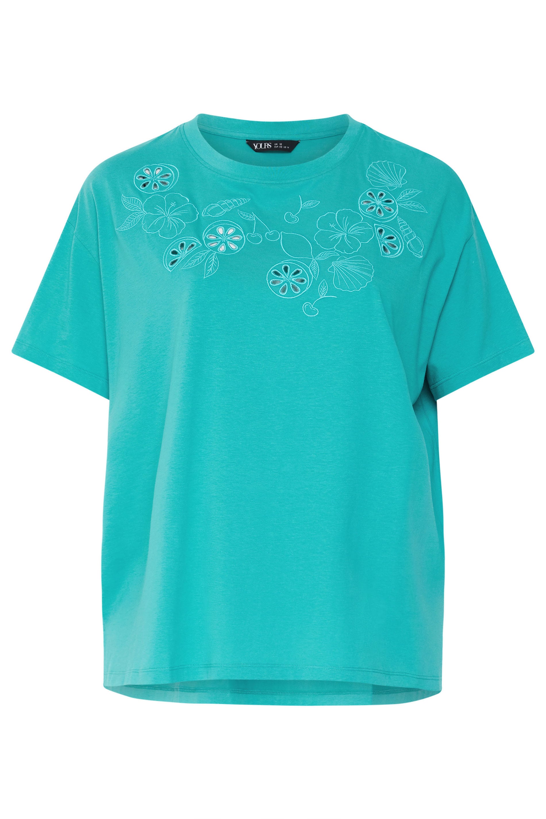 YOURS Plus Size Turquoise Blue Embroidered Fruit T-Shirt | Yours Clothing 5