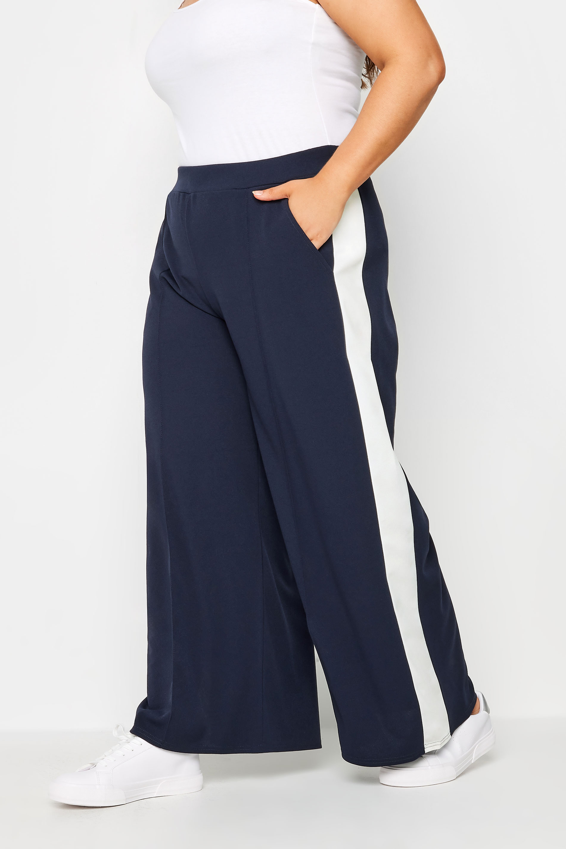 YOURS Plus Size Navy Blue & White Scuba Side Stripe Trousers | Yours Clothing 1