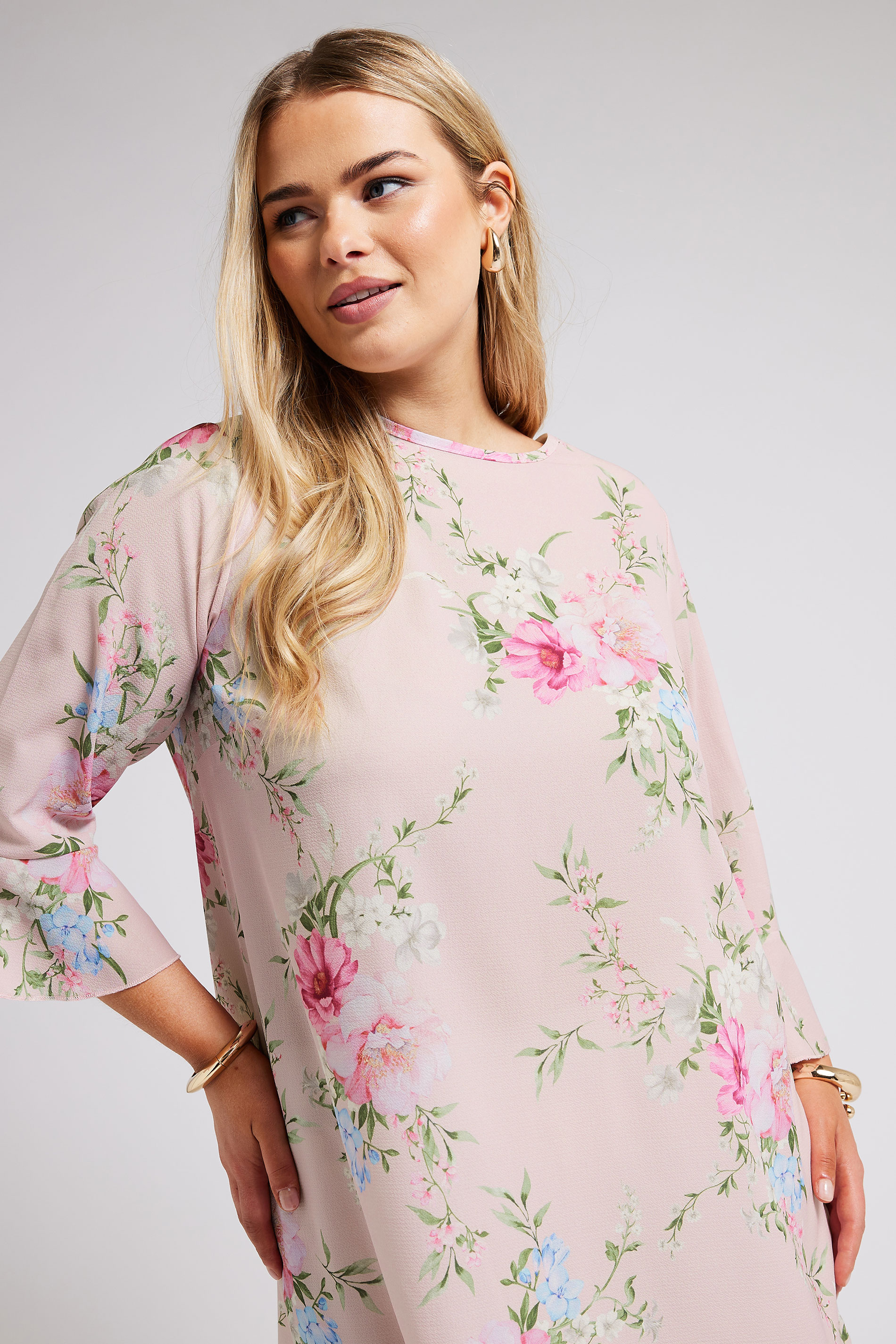 YOURS LONDON Plus Size Pink Floral Flute Sleeve Tunic | Yours Clothing 2