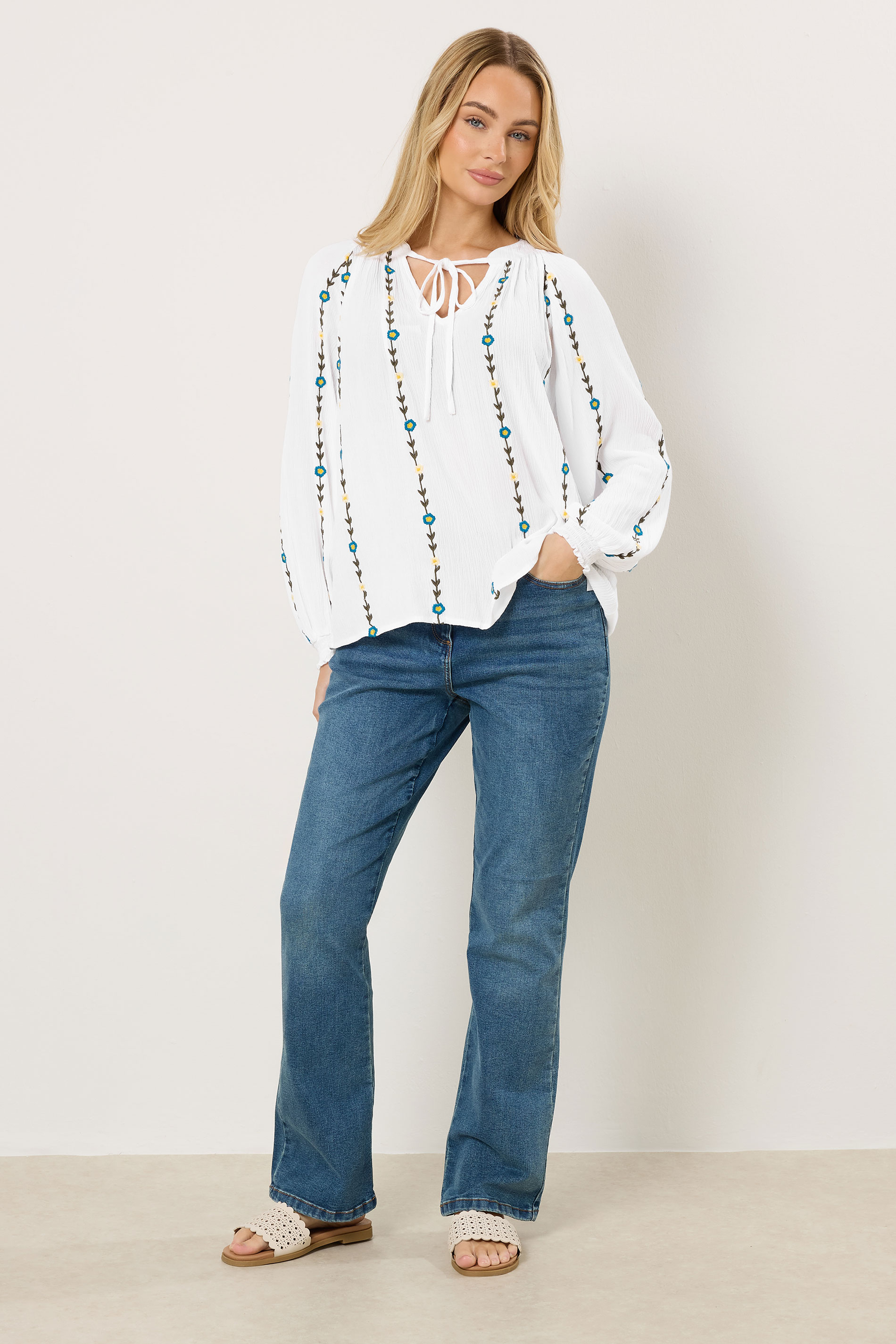 M&Co Ivory White Floral Embroidered Tie Neck Blouse | M&Co 3