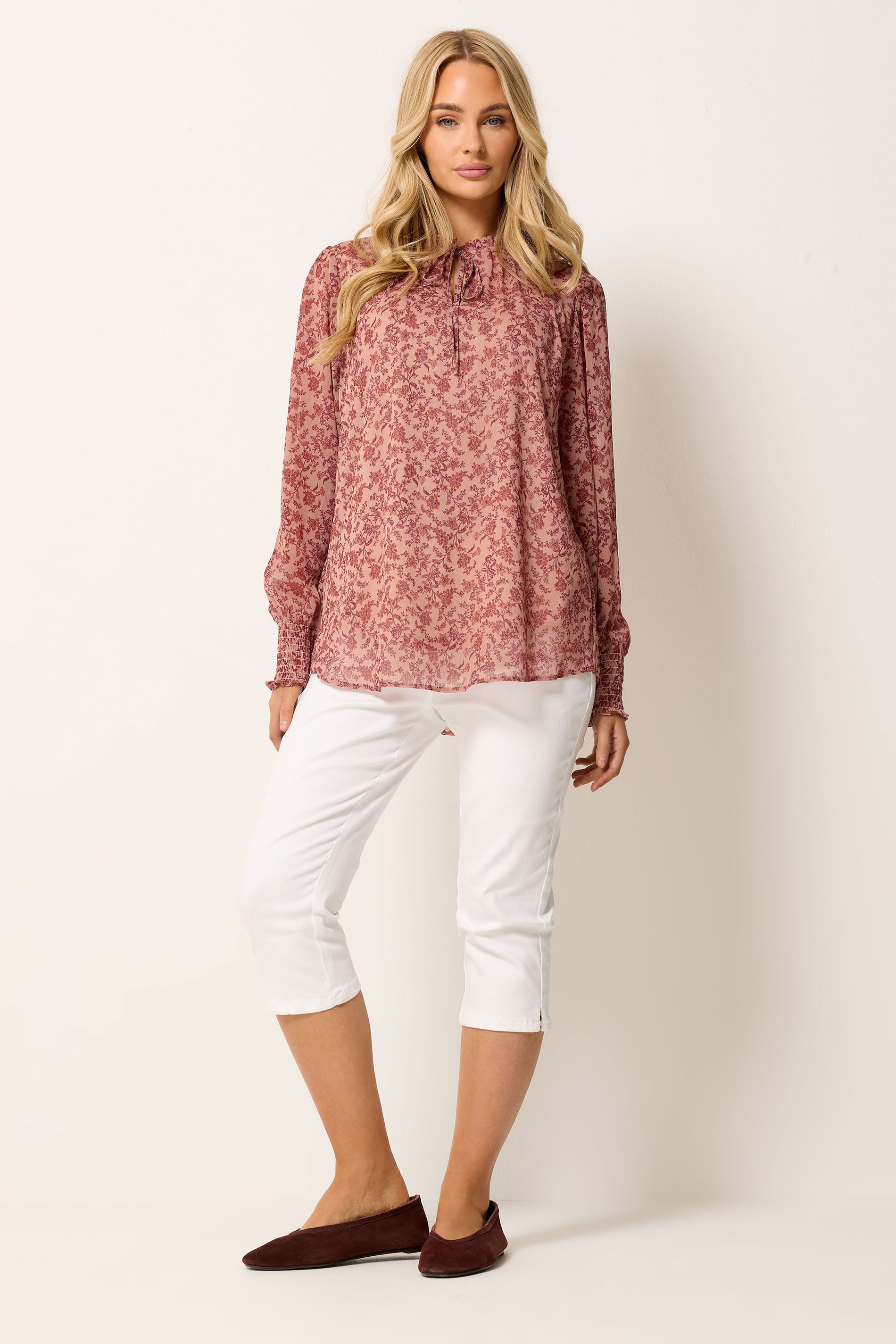 M&Co Pink Floral Tie Neck Blouse | M&Co 1