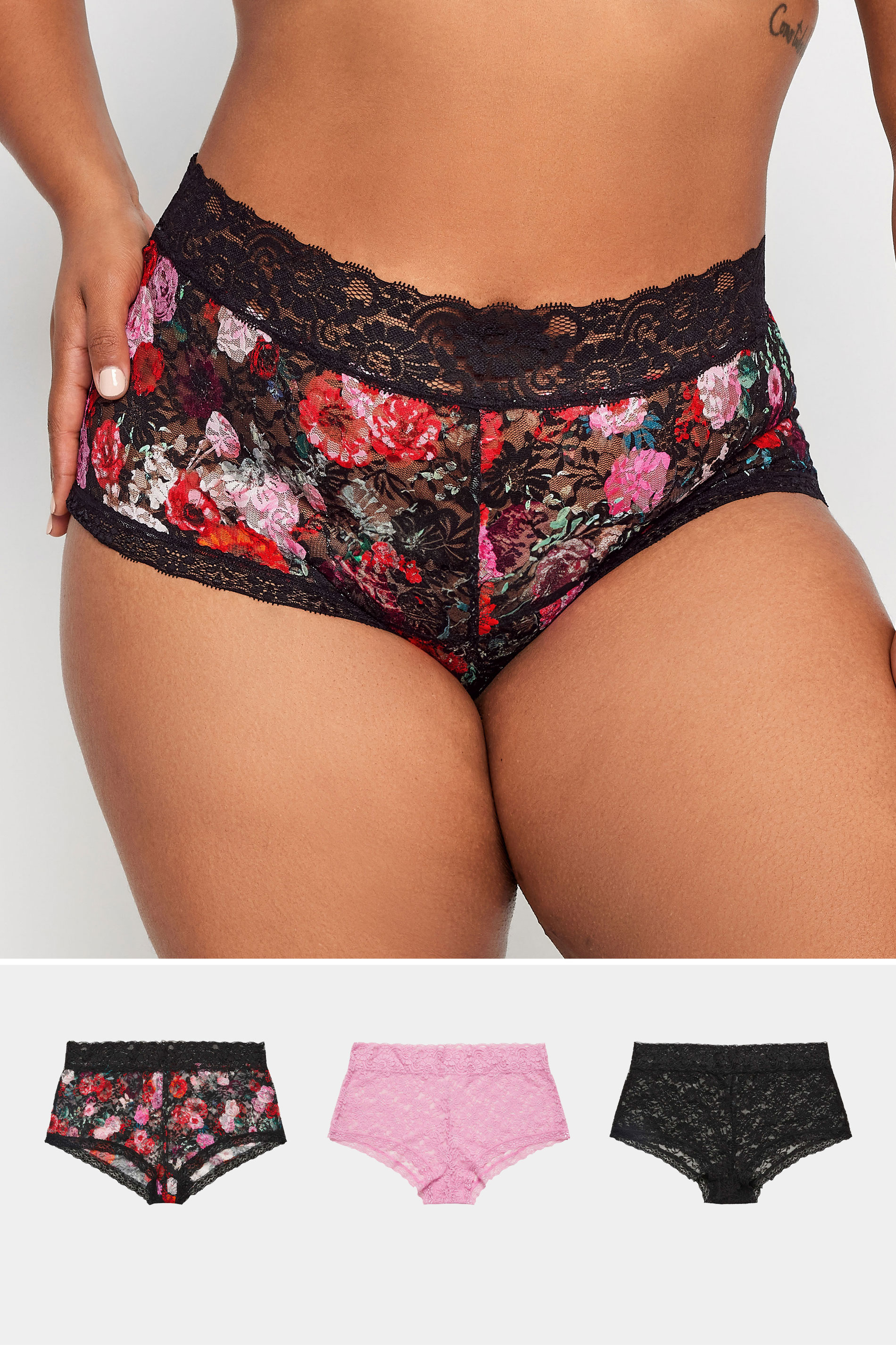 YOURS 3 PACK Plus Size Black Floral Print Lace Full Briefs | Yours Clothing 1