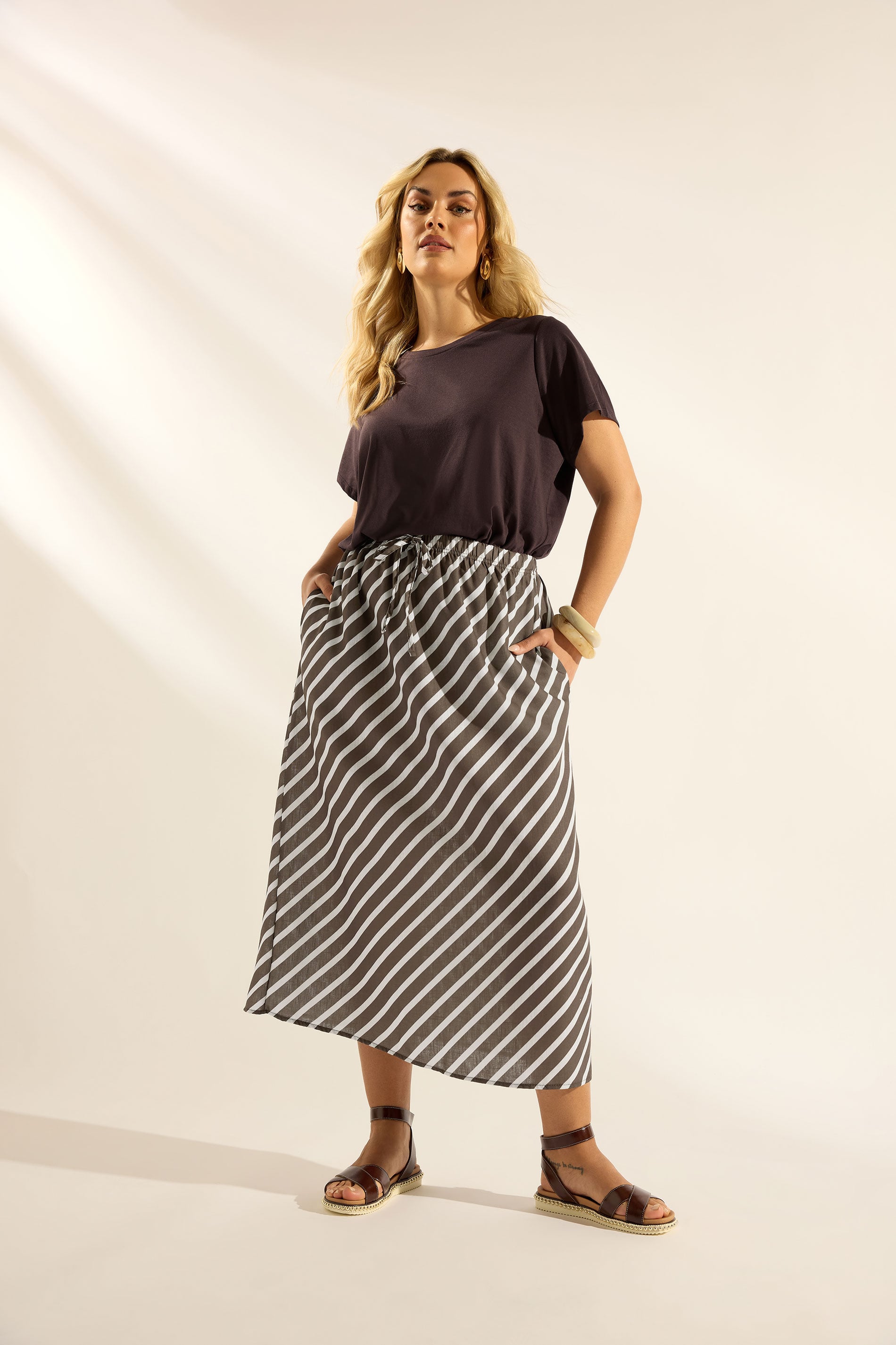 YOURS Plus Size Ivory White Linen Look Stripe Skirt | Yours Clothing 3