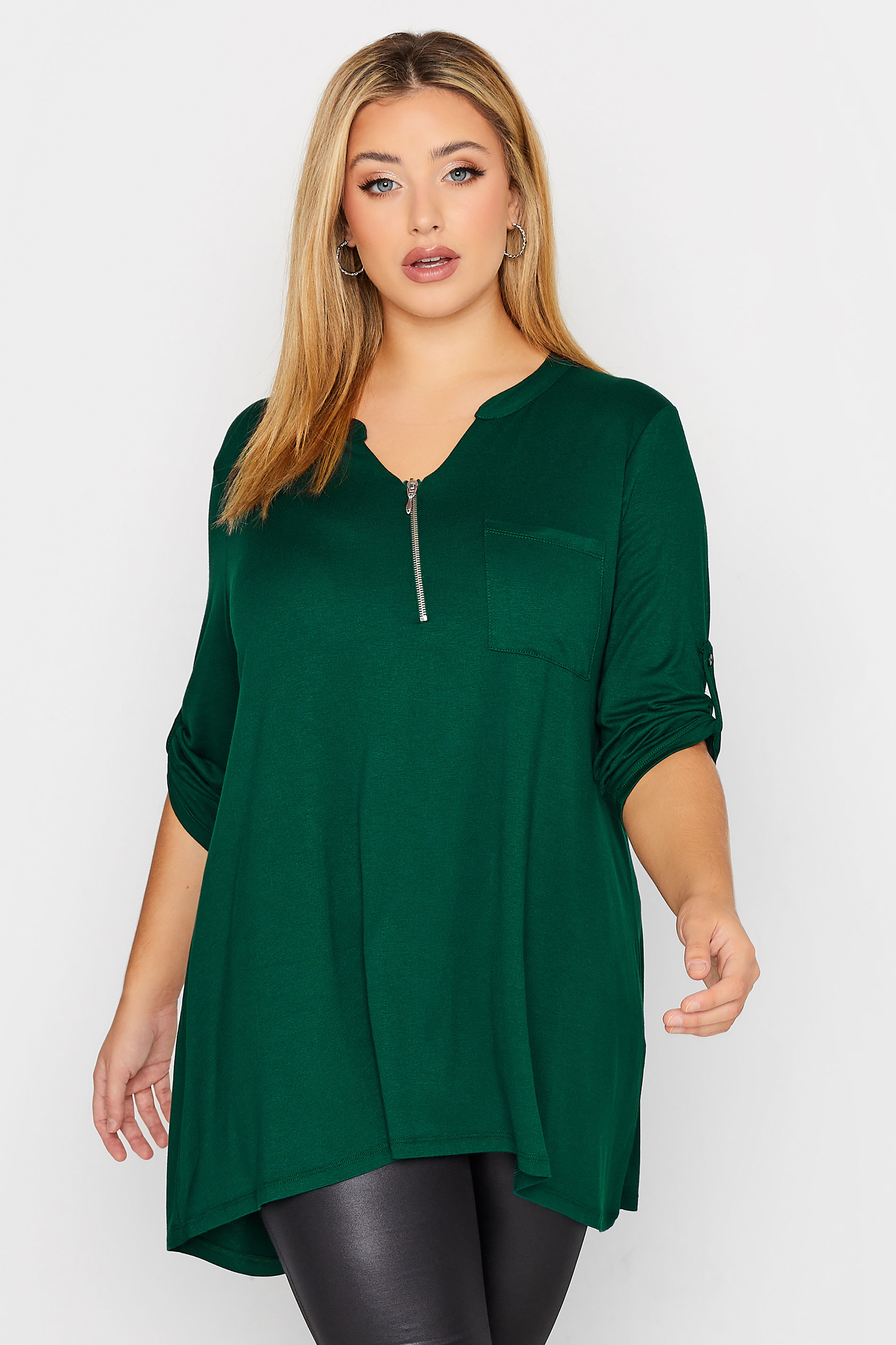 Plus Size Forest Green Zip Front Top | Yours Clothing 1