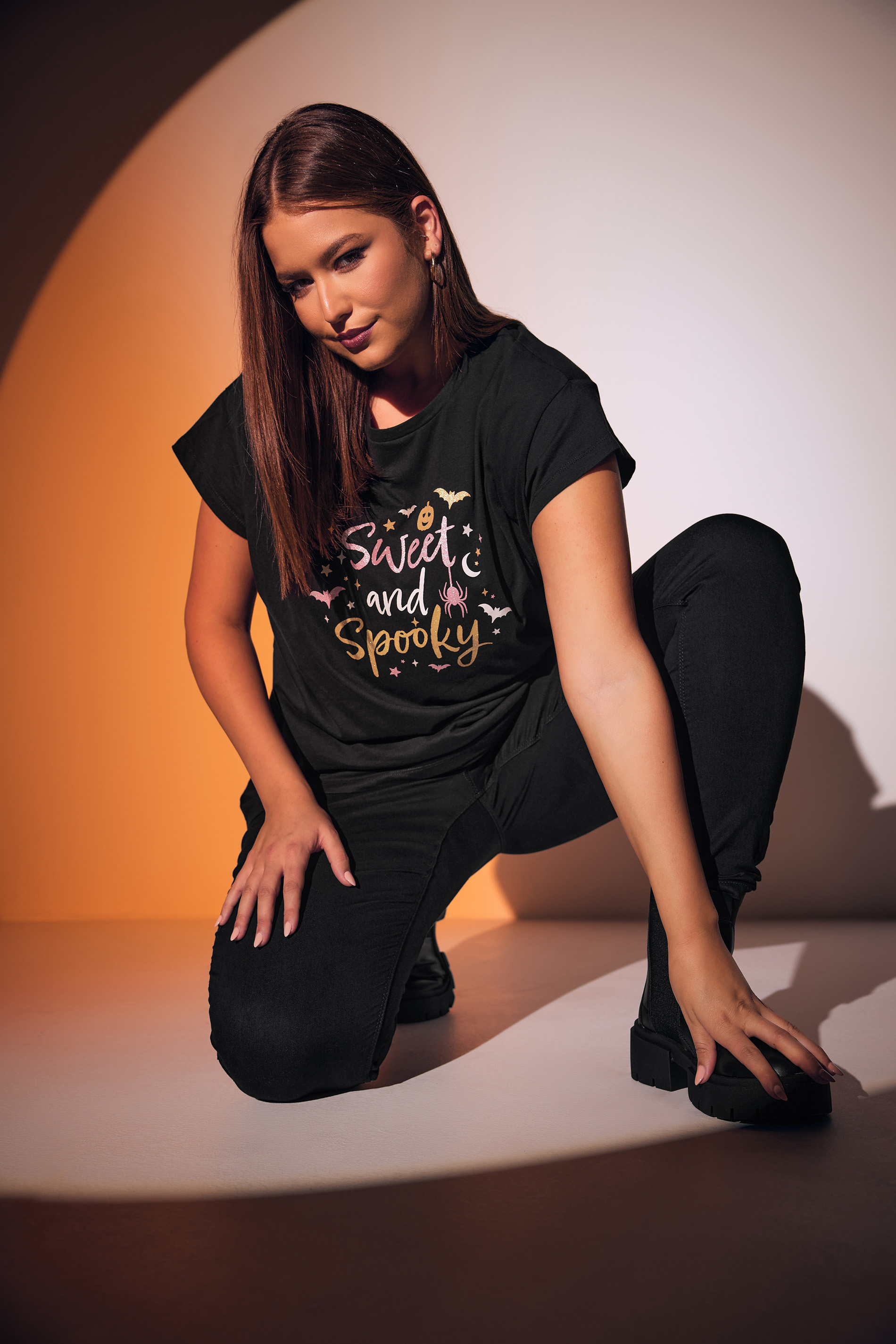LIMITED COLLECTION Curve Black Halloween 'Sweet & Spooky' Slogan T-Shirt  1
