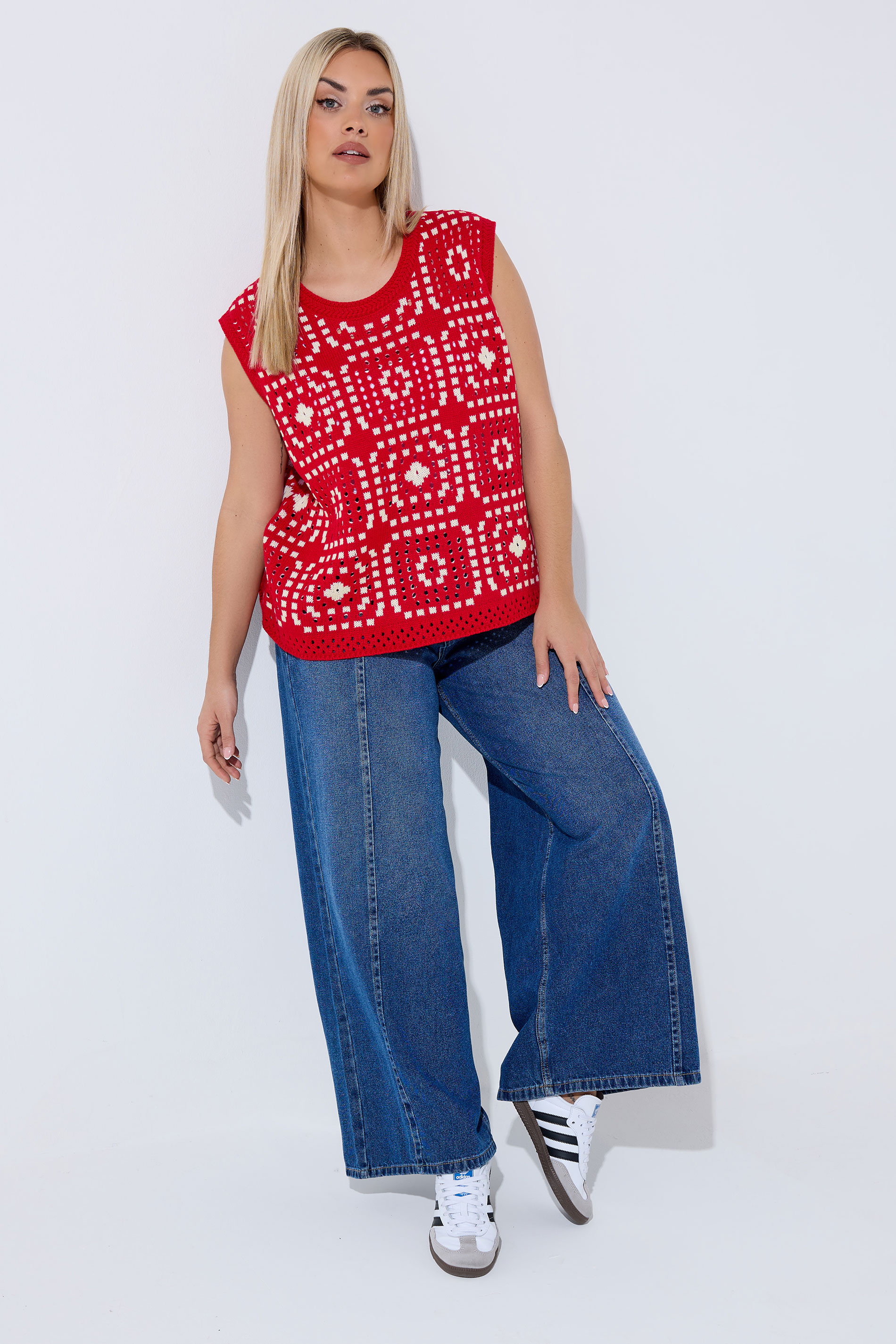 LIMITED COLLECTION Plus Size Red Knitted Crochet Vest | Yours Clothing 1