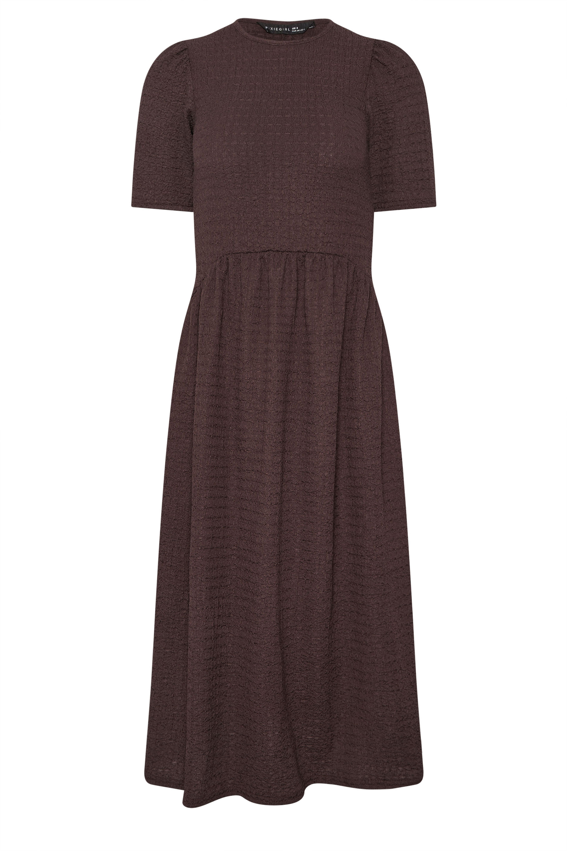 PixieGirl Petite Women's Chocolate Brown Textured Short Sleeve Midi Dress | PixieGirl 5