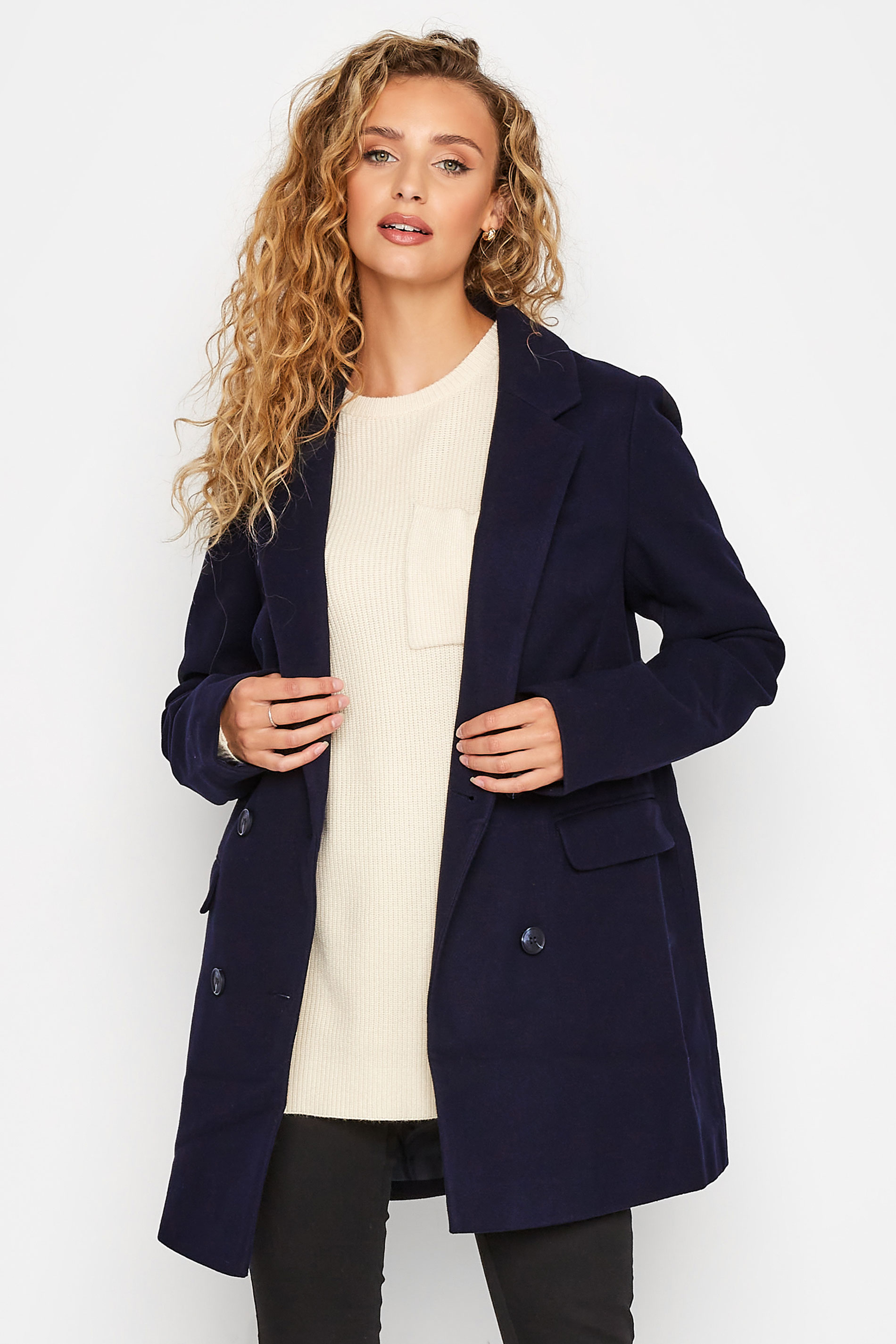 LTS Tall Navy Blue Double Breasted Brushed Jacket 1