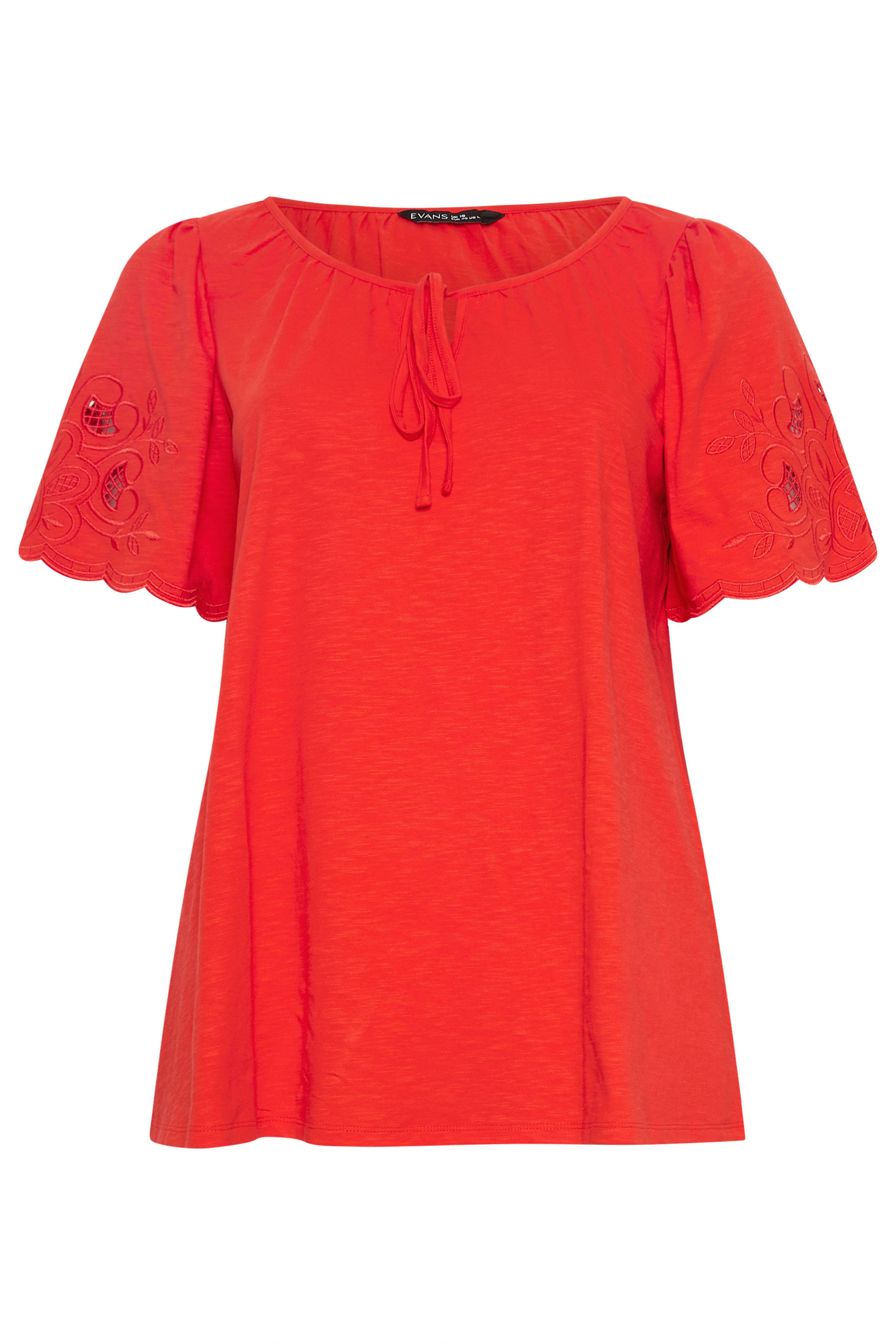 EVANS Plus Size Red Broderie Sleeve Tie Neck Blouse | Evans 5
