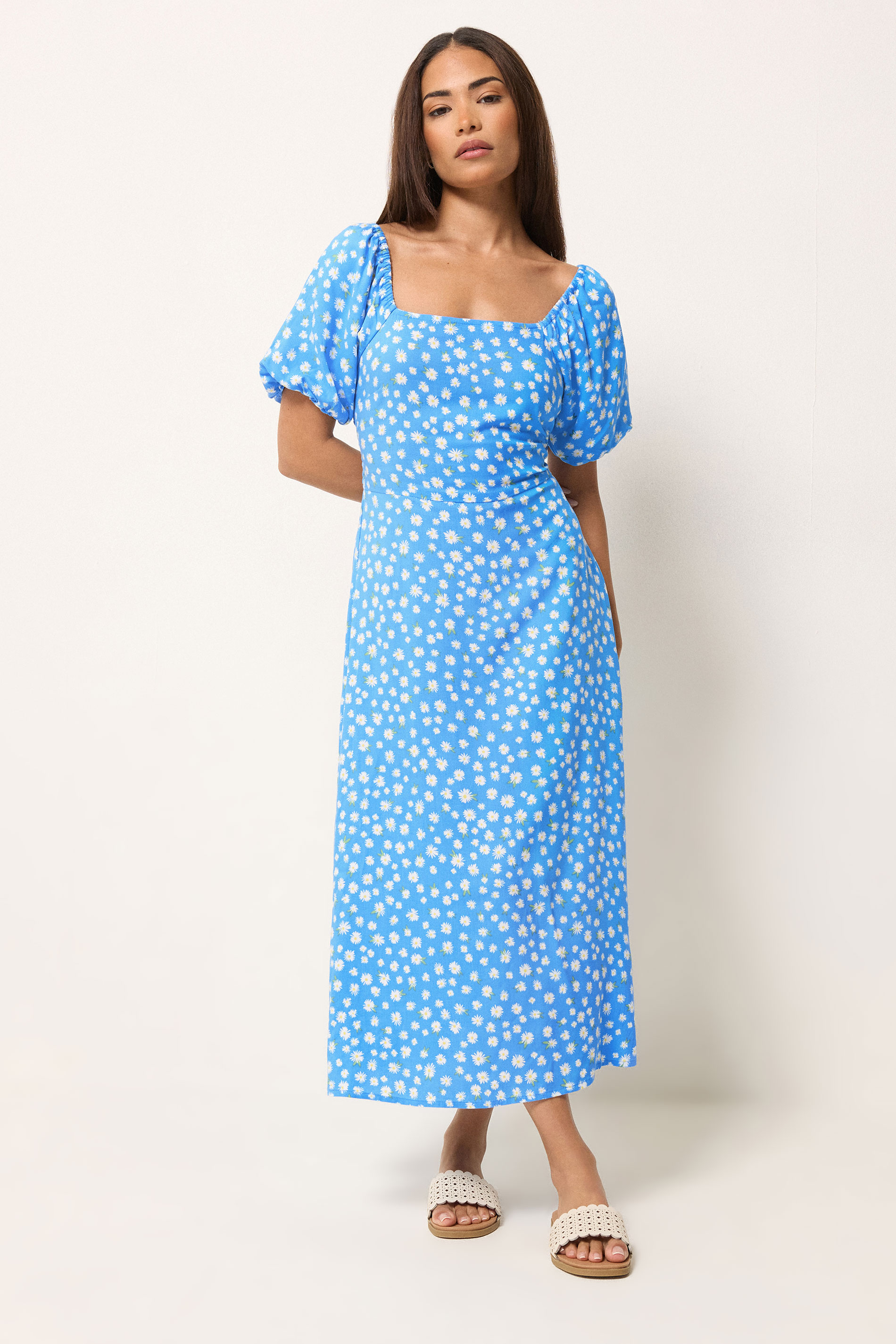 PixieGirl Petite Women's Blue Daisy Puff Sleeve Midi Dress | PixieGirl 3