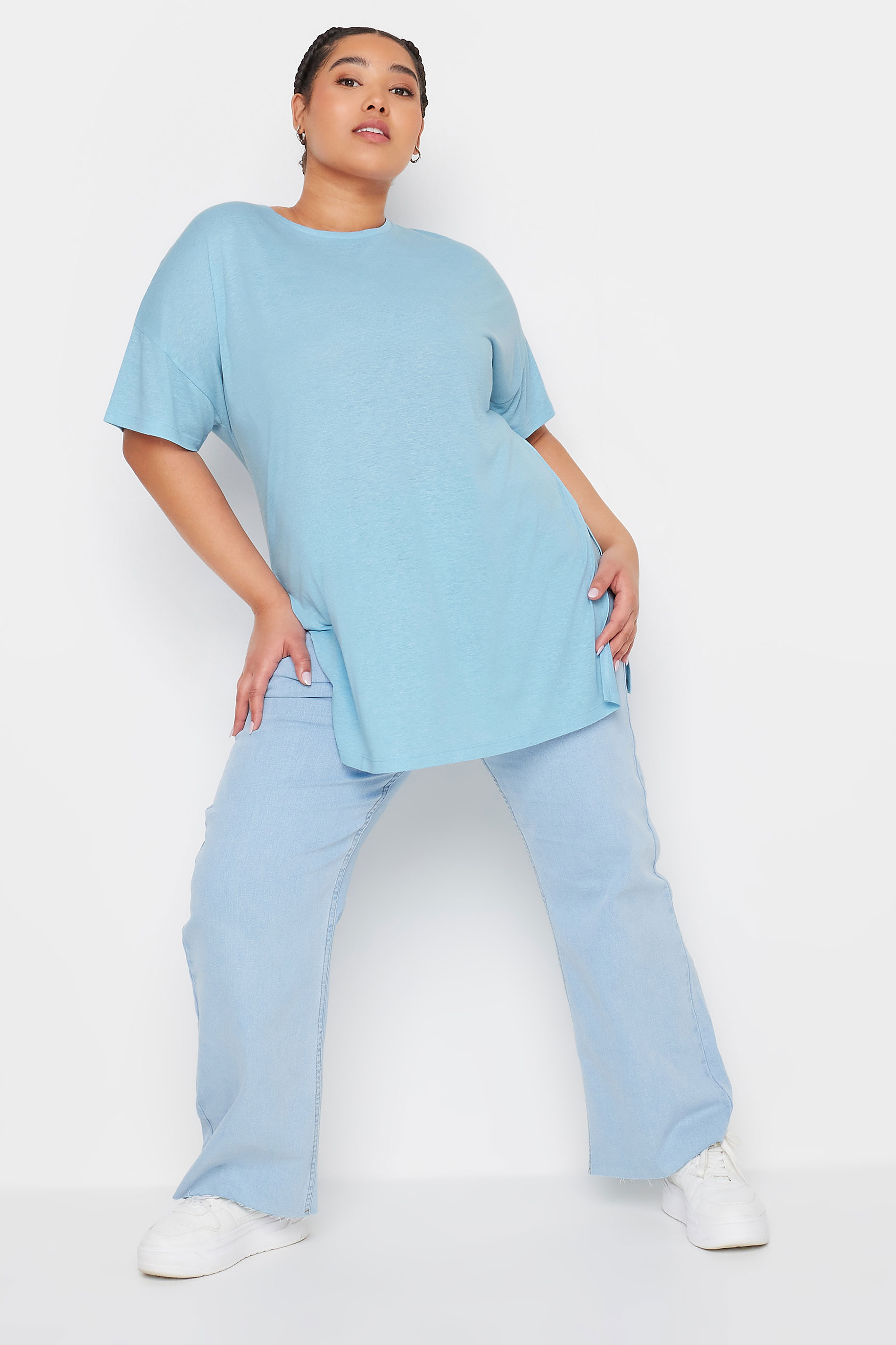 YOURS Plus Size Blue Oversized Linen T-Shirt | Yours Clothing 3