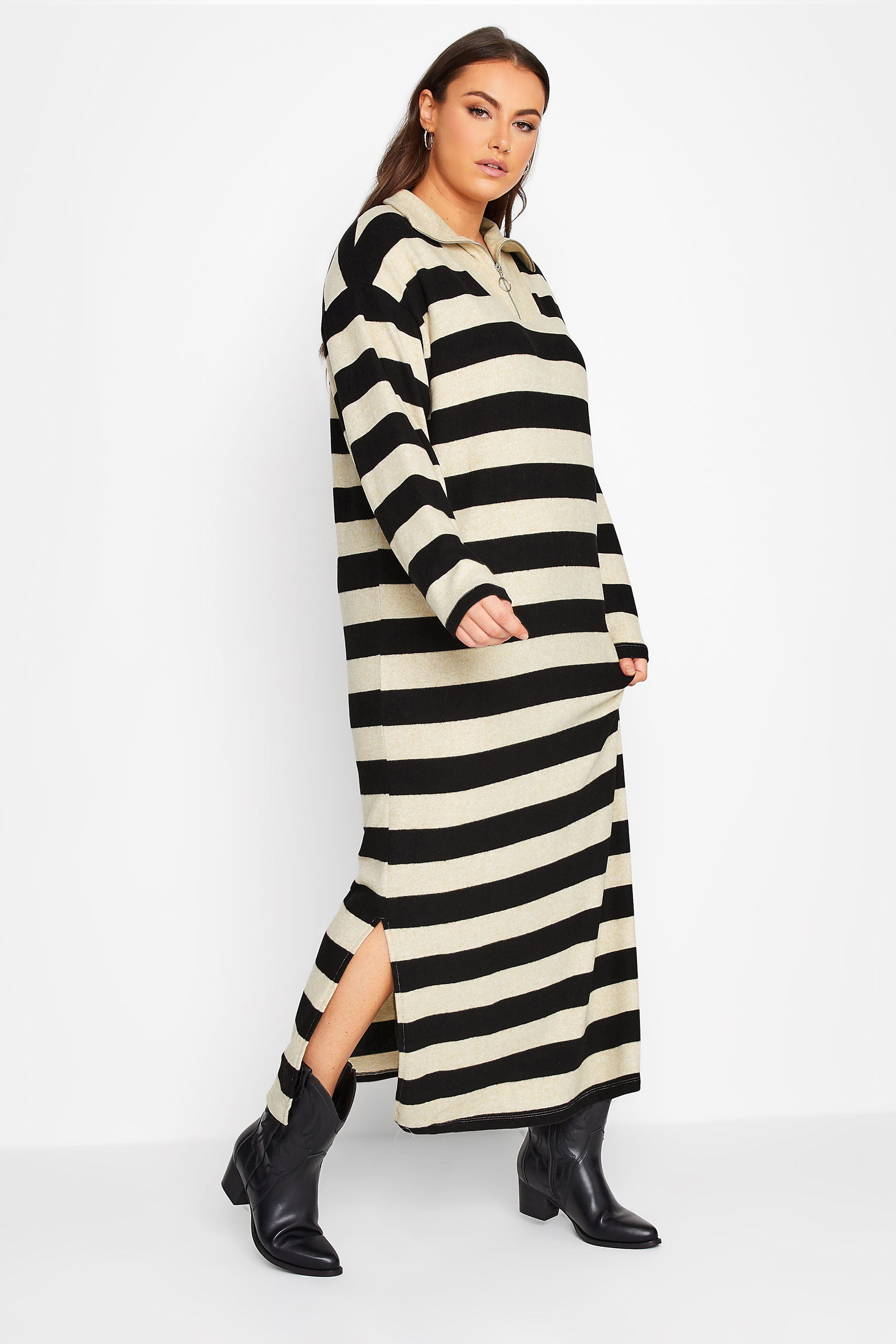 YOURS LUXURY Plus Size Cream & Black Stripe Soft Touch Jumper Dress | Yours Clothing 1