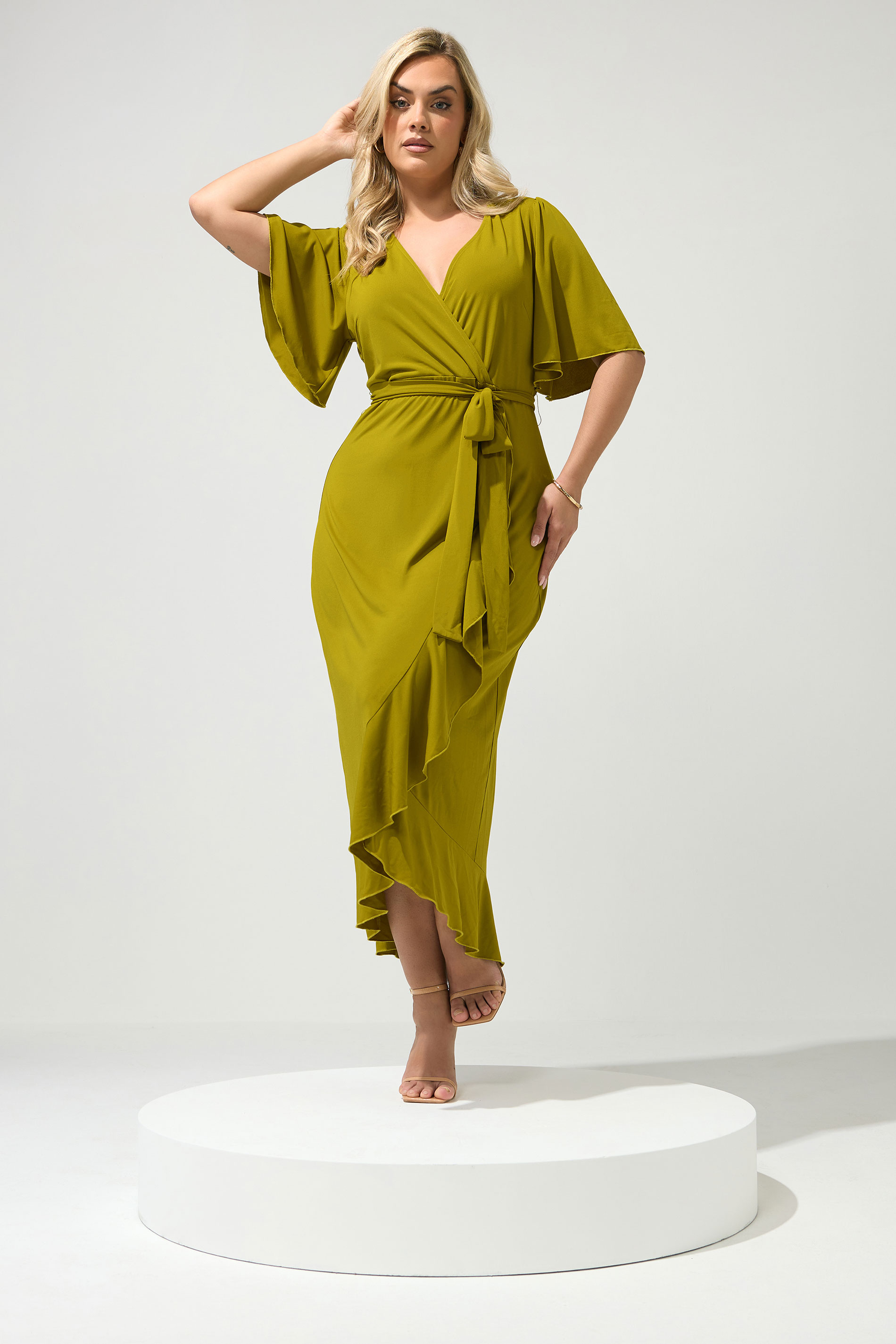 YOURS LONDON Plus Size Chartreuse Green Short Sleeve Ruffle Wrap Maxi Dress | Yours Clothing 3