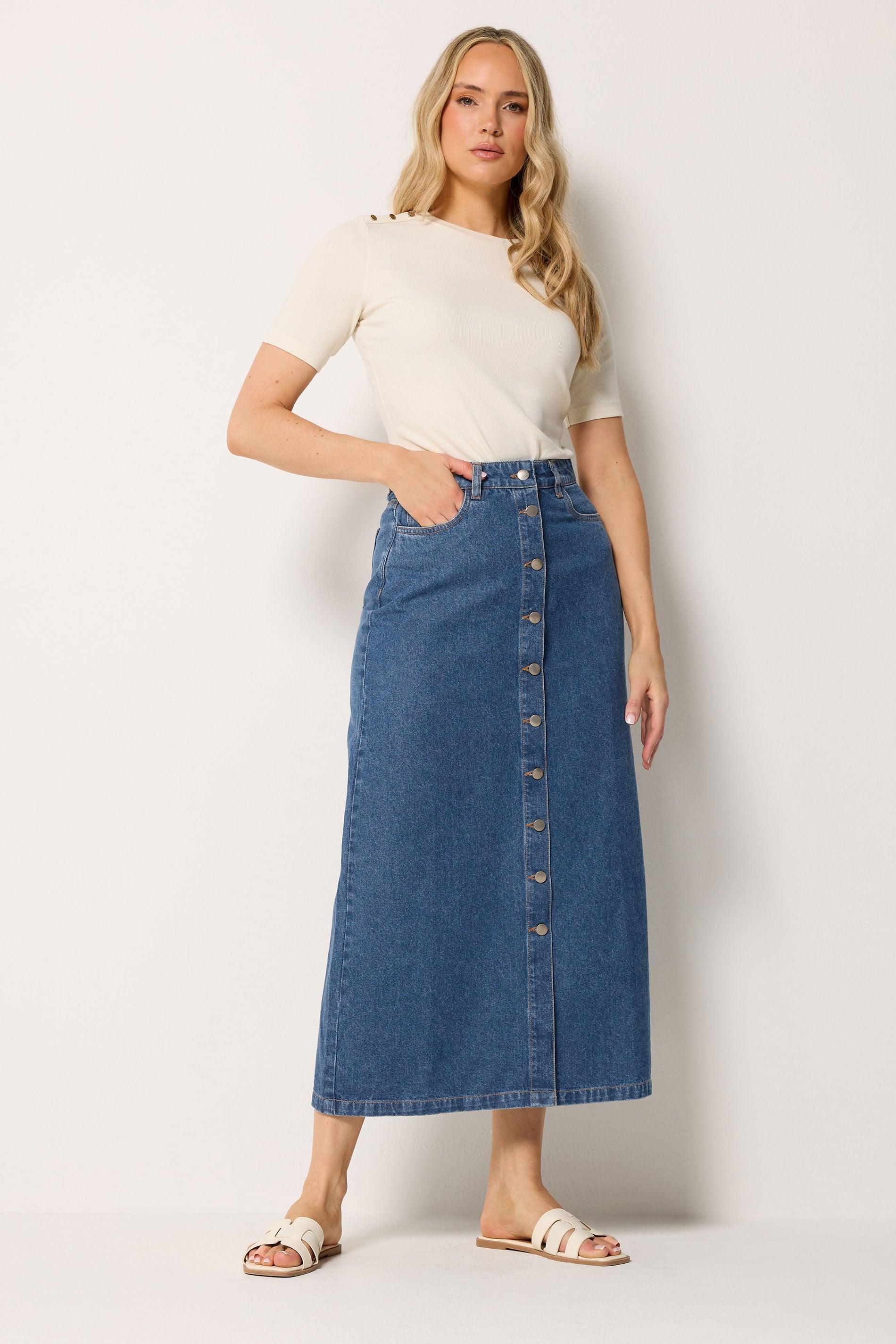 LTS Tall Women's Mid Blue Button Denim Maxi Skirt | Long Tall Sally 1