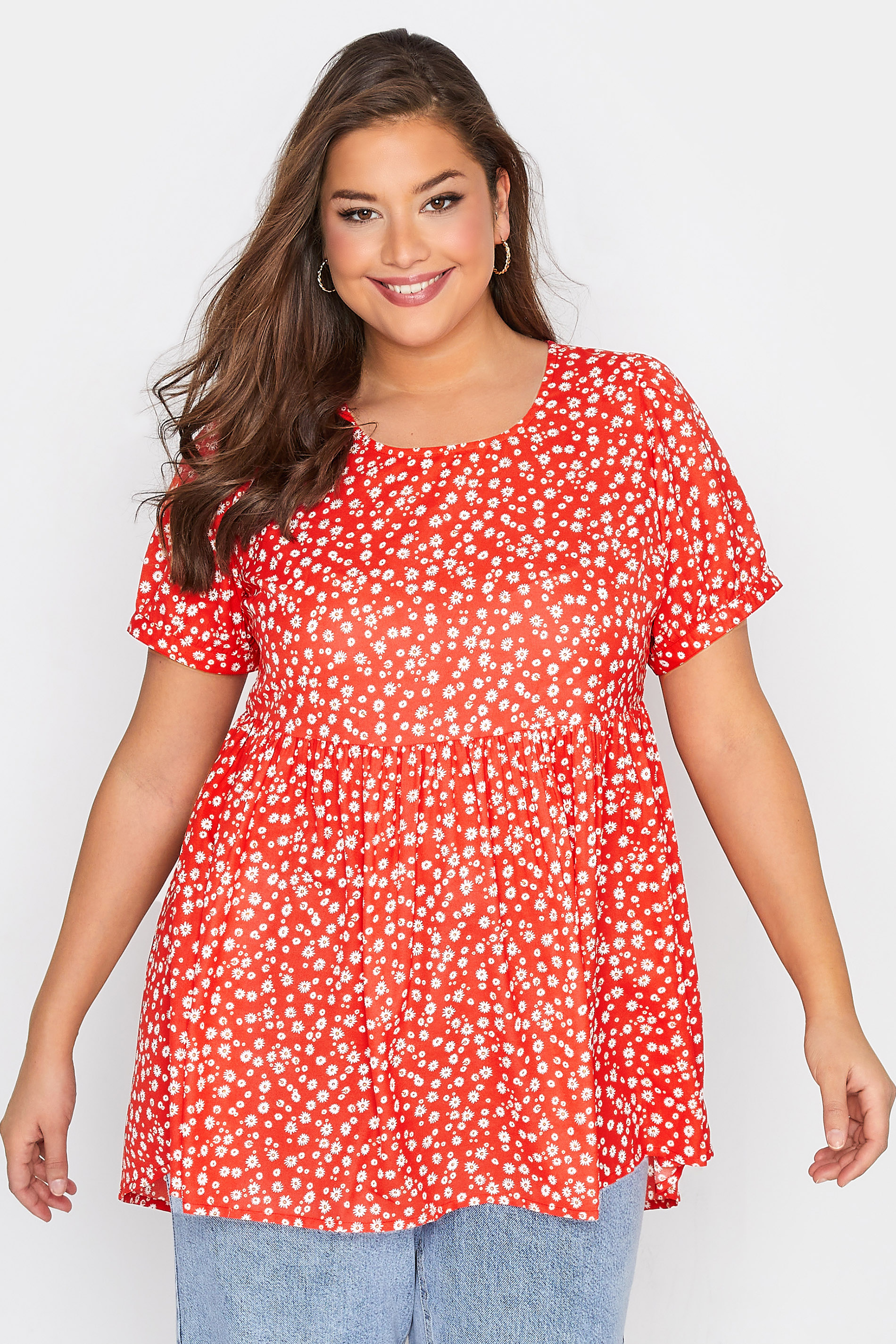 Plus Size Red Daisy Print Dipped Hem Peplum Top | Yours Clothing 1