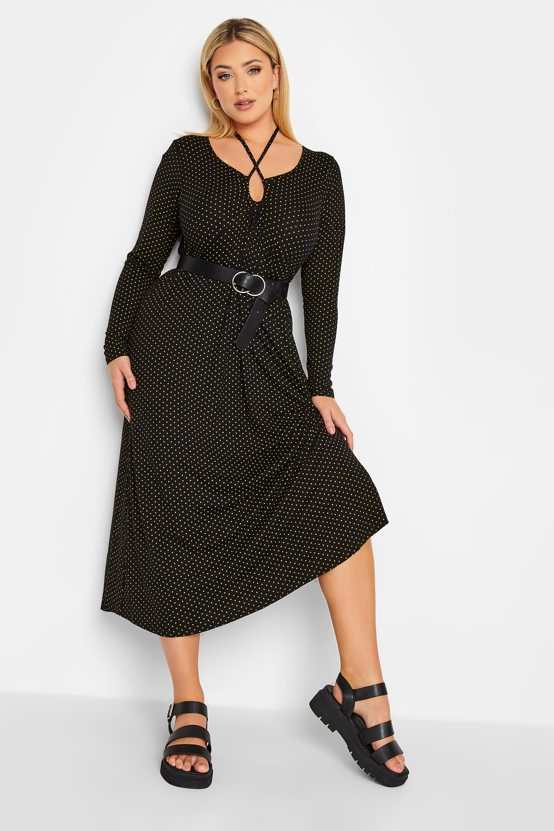 LIMITED COLLECTION Plus Size Black Polka Dot Keyhole Tie Neck Midaxi Dress | Yours Clothing 2