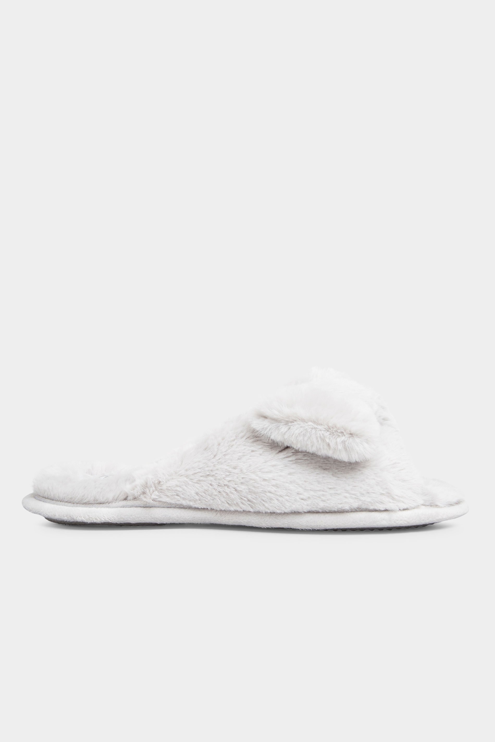 Grey Vegan Faux Fur Bow Slippers In Regular Fit | Long Tall Sally