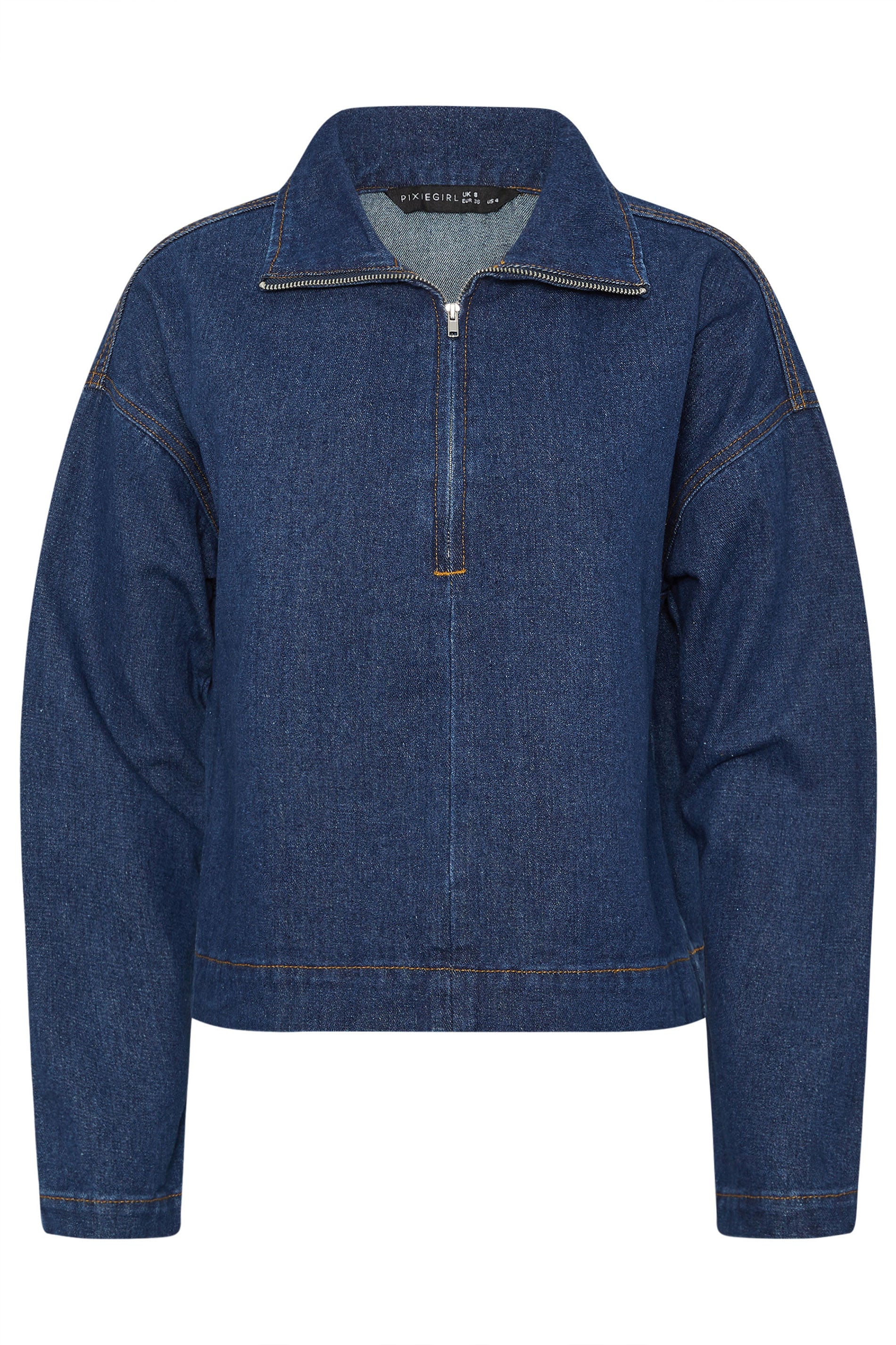PixieGirl Petite Women's Dark Blue Denim Quarter Zip Cotton Top | PixieGirl 10