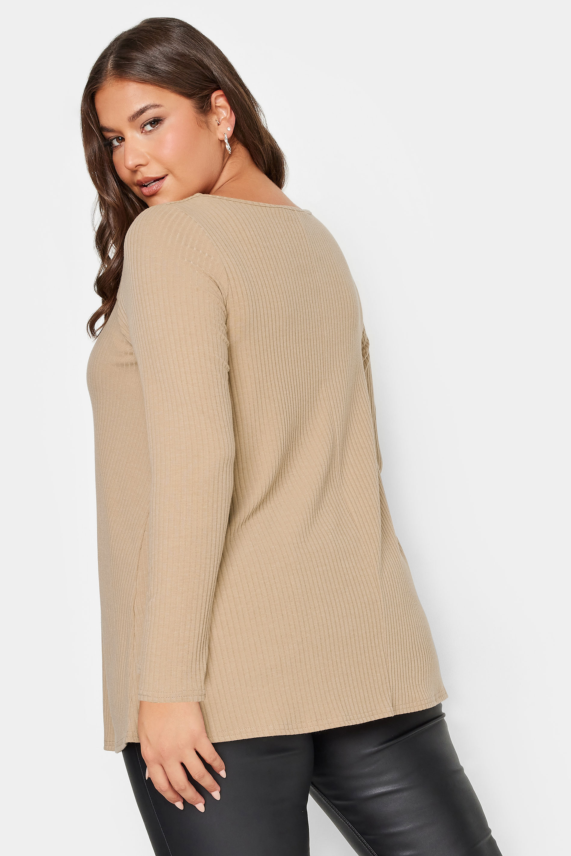 YOURS Plus Size Beige Brown Twisted Front Ribbed Top | Yours Clothing 3