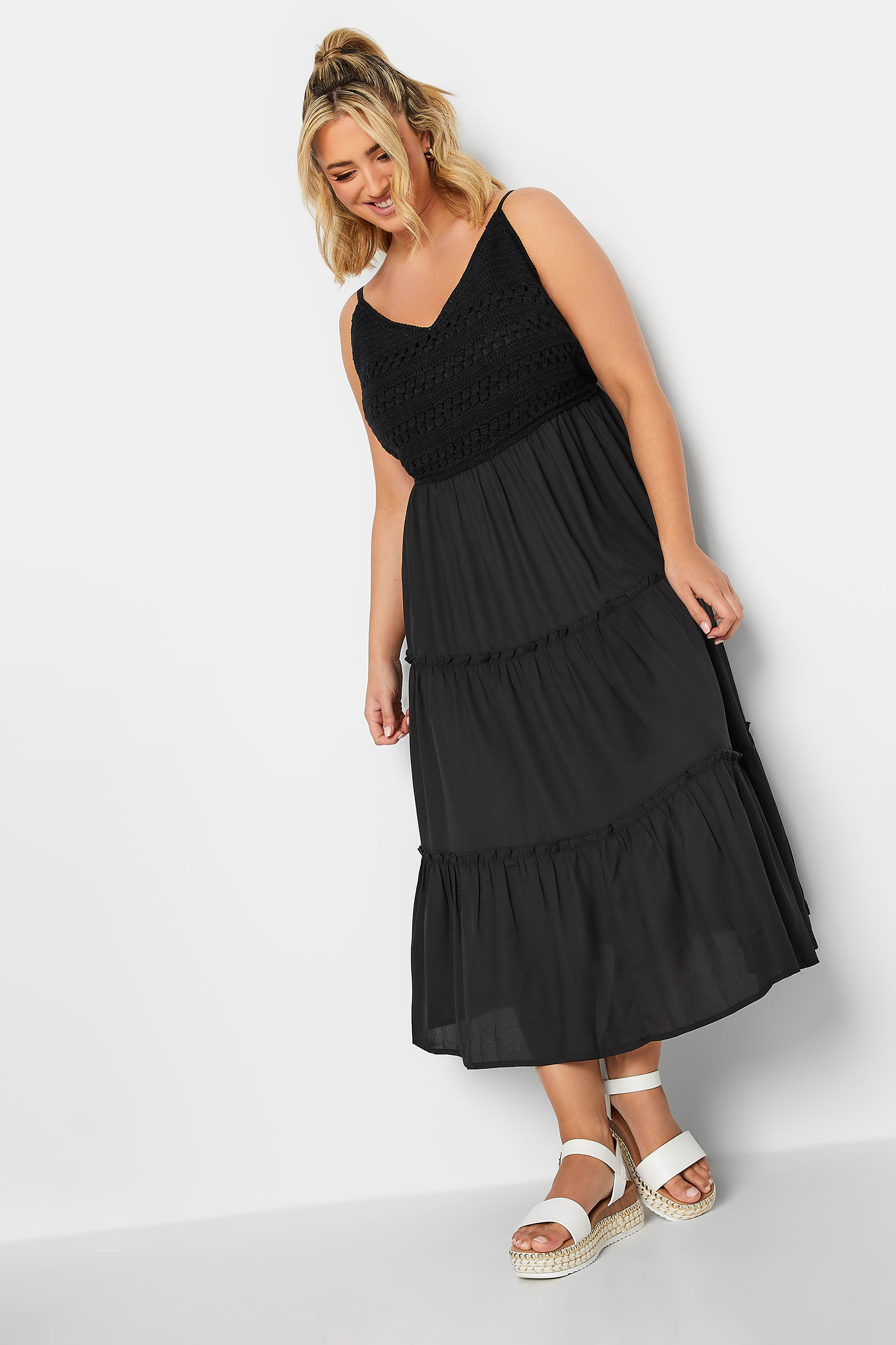 LIMITED COLLECTION Plus Size Black Crochet Tiered Midaxi Dress | Yours Clothing  1
