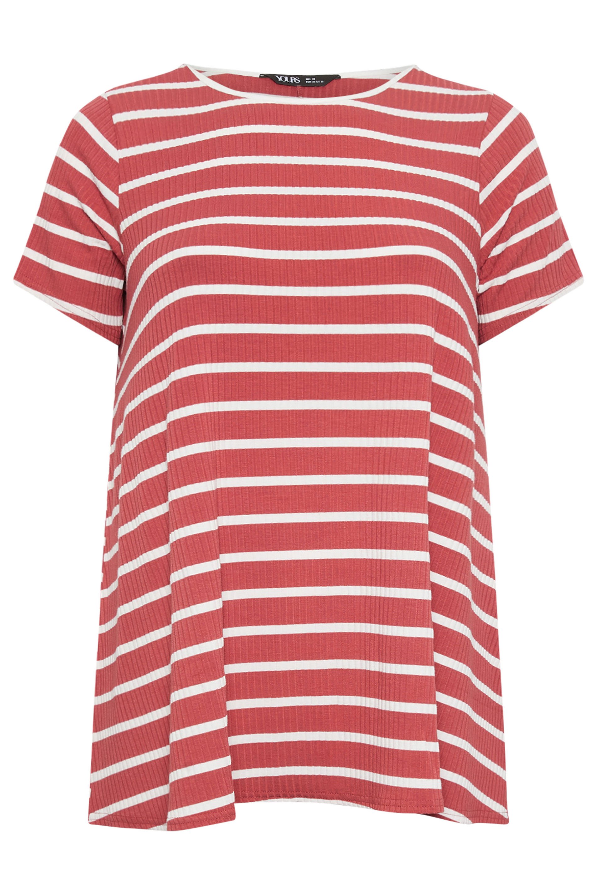 YOURS Plus Size Red Stripe Ribbed Swing T-Shirt | Yours Clothing