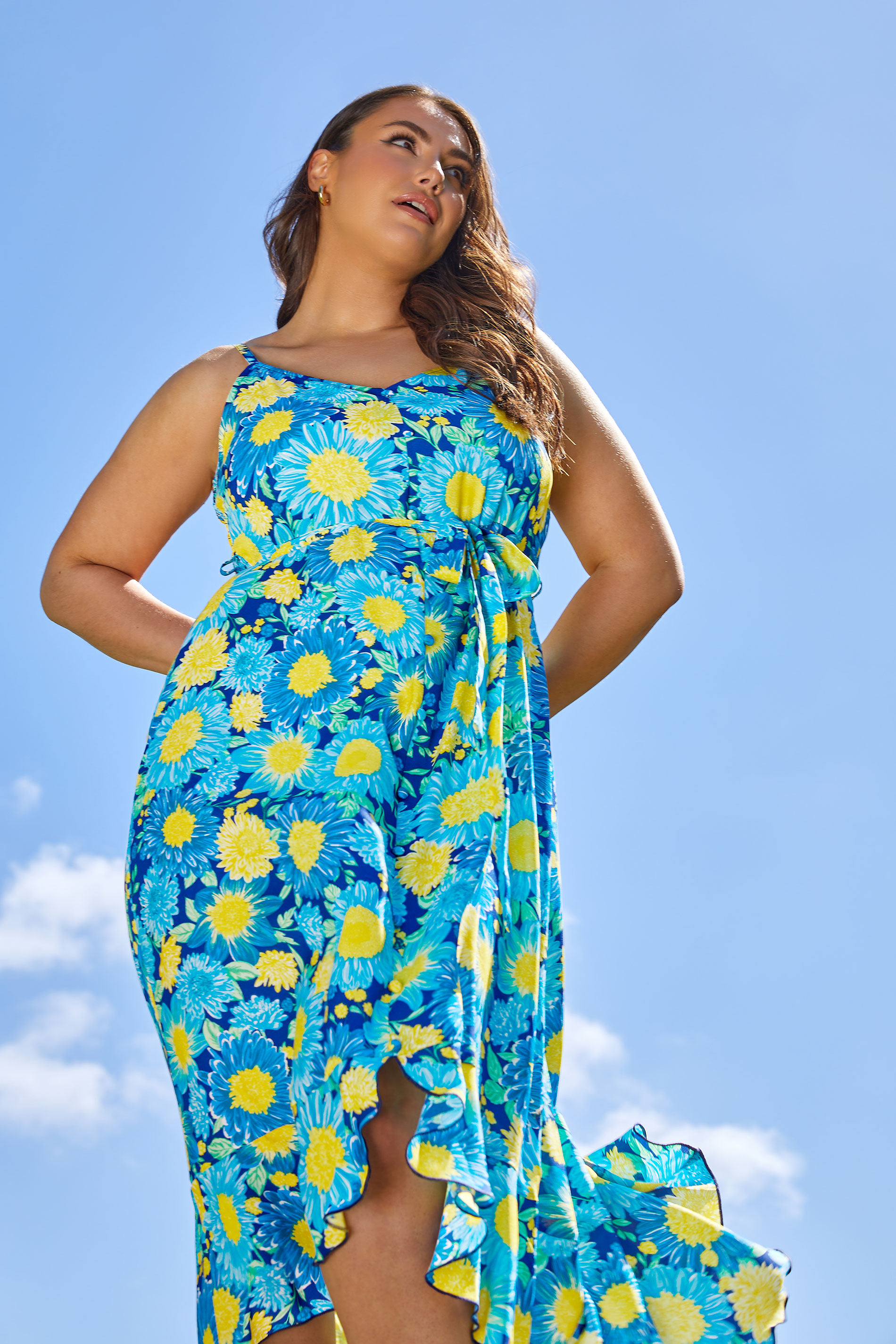 LIMITED COLLECTION Plus Size Blue Floral Frill Hem Midaxi Dress | Yours Clothing  1