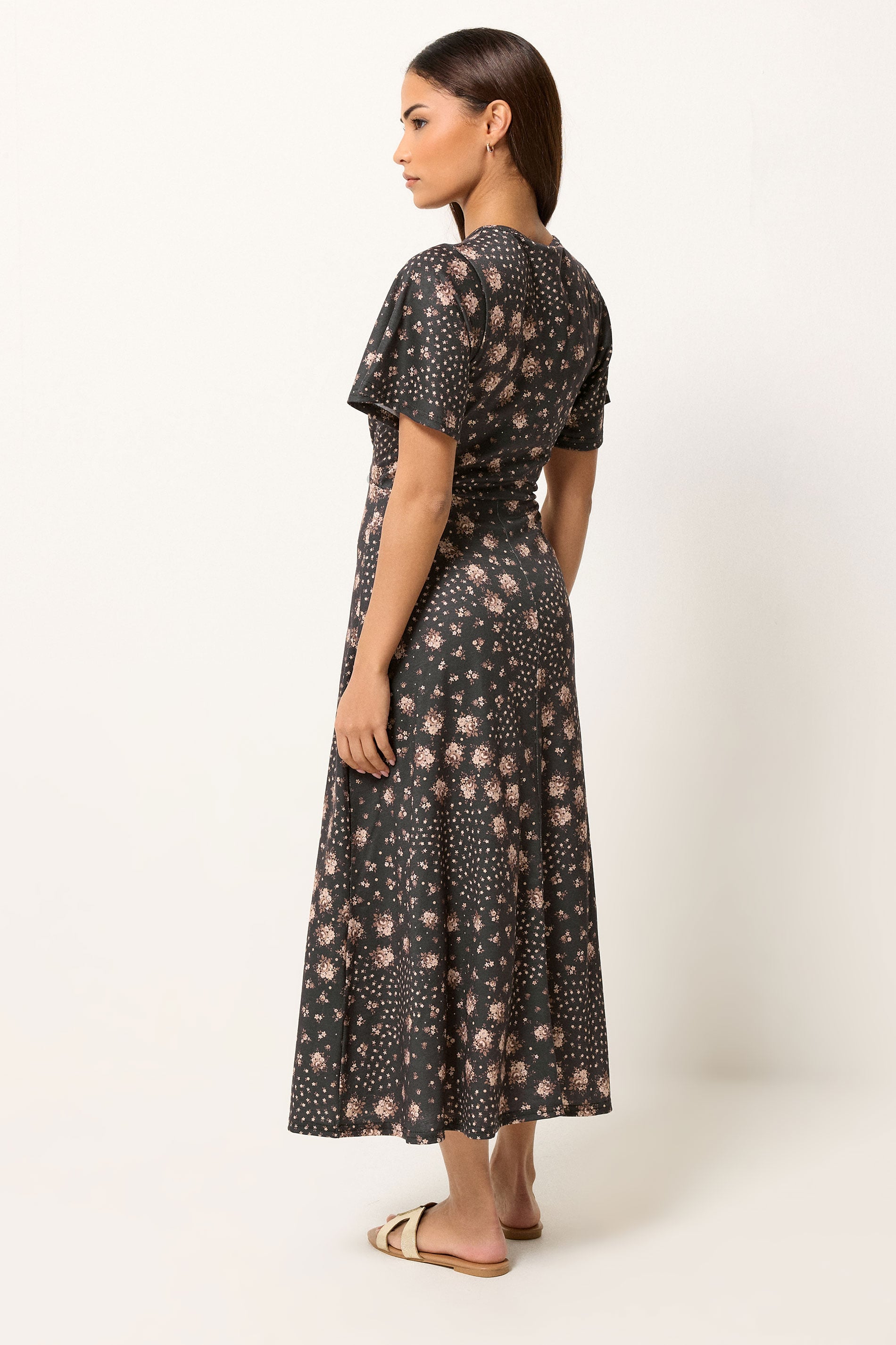 PixieGirl Petite Women's Brown Patchwork Midi Dress | PixieGirl 2