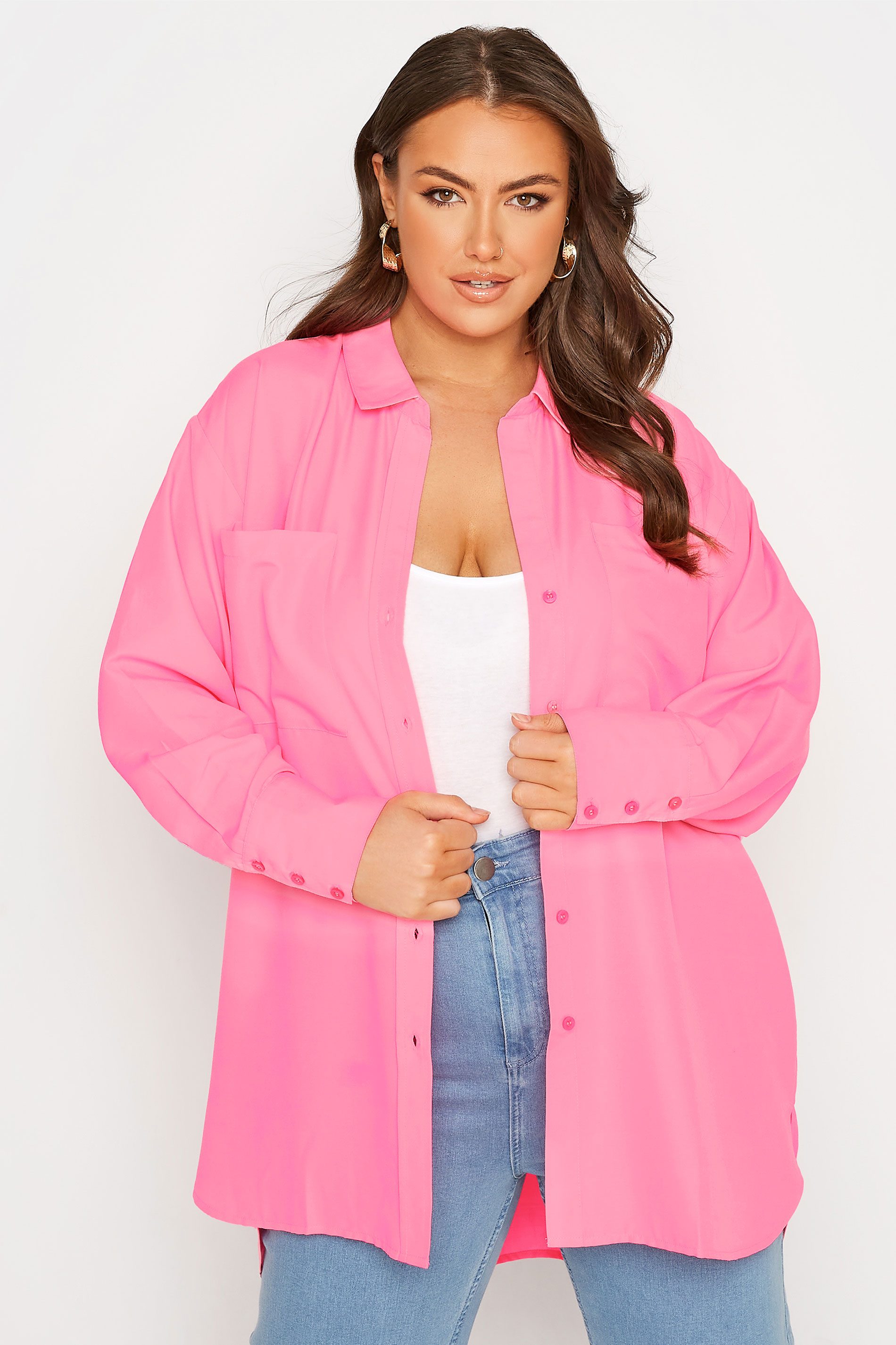 LIMITED COLLECTION Curve Neon Pink Oversized Boyfriend Shirt 1