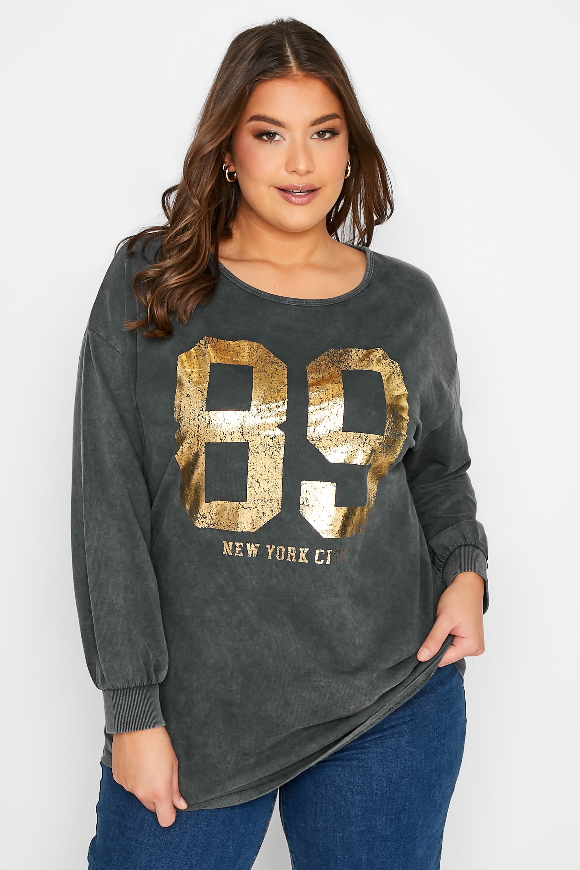 Curve Charcoal Grey '89' Slogan Acid Wash Sweatshirt | Yours Clothing 1