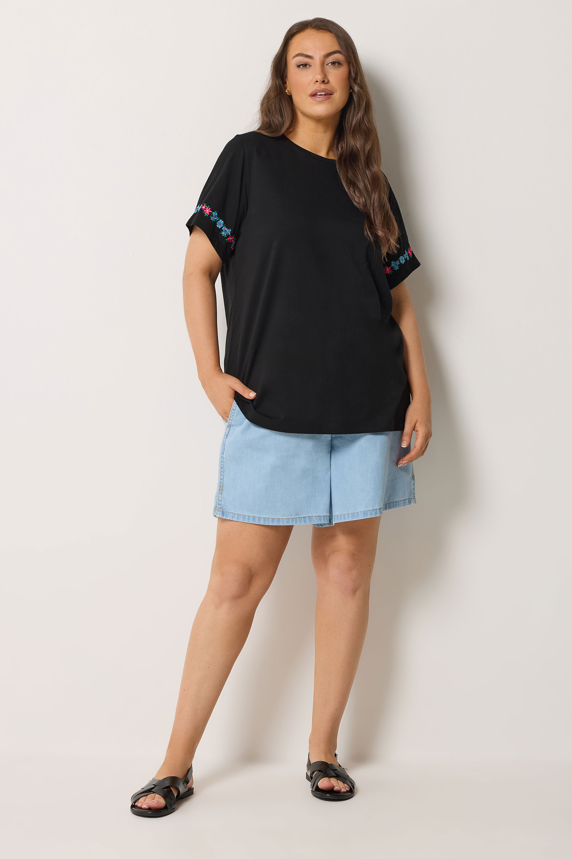 YOURS Plus Size Black Embroidered Floral Sleeve Detail T-Shirt | Yours Clothing 2