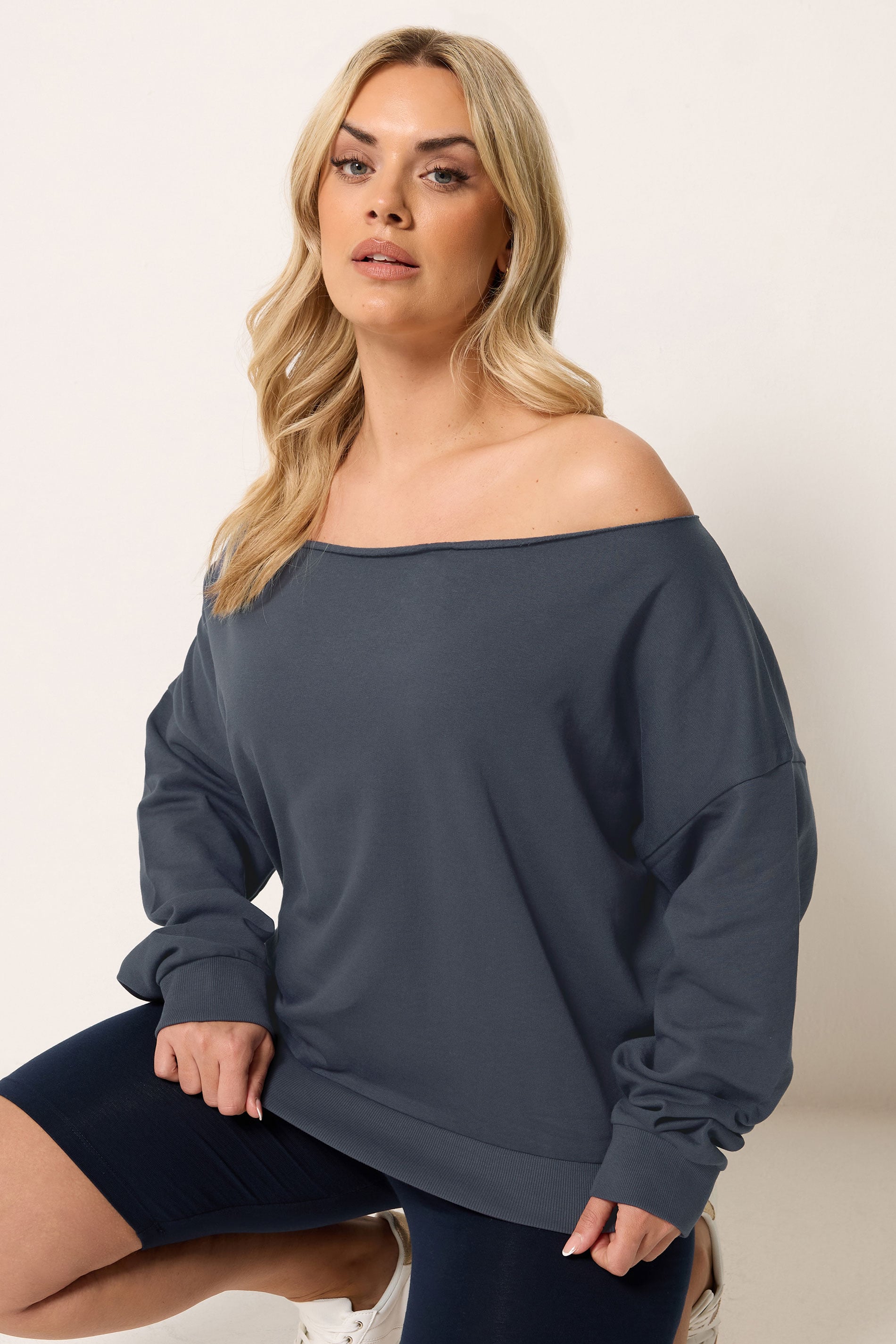 YOURS Plus Size Navy Blue Off Shoulder Sweatshirt | Yours Clothing 3