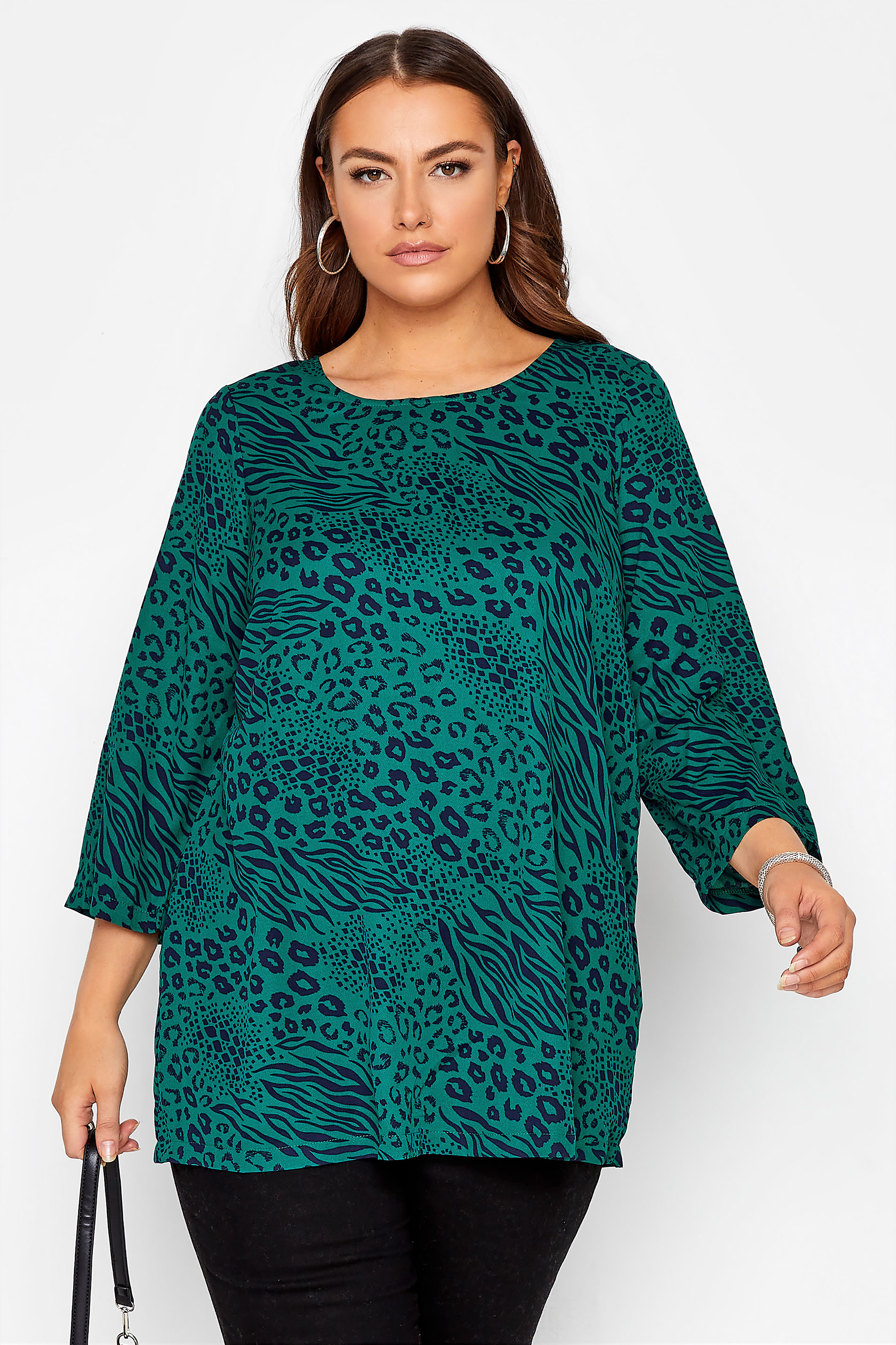 YOURS LONDON Emerald Green Mixed Animal Print Zip Blouse_A.jpg