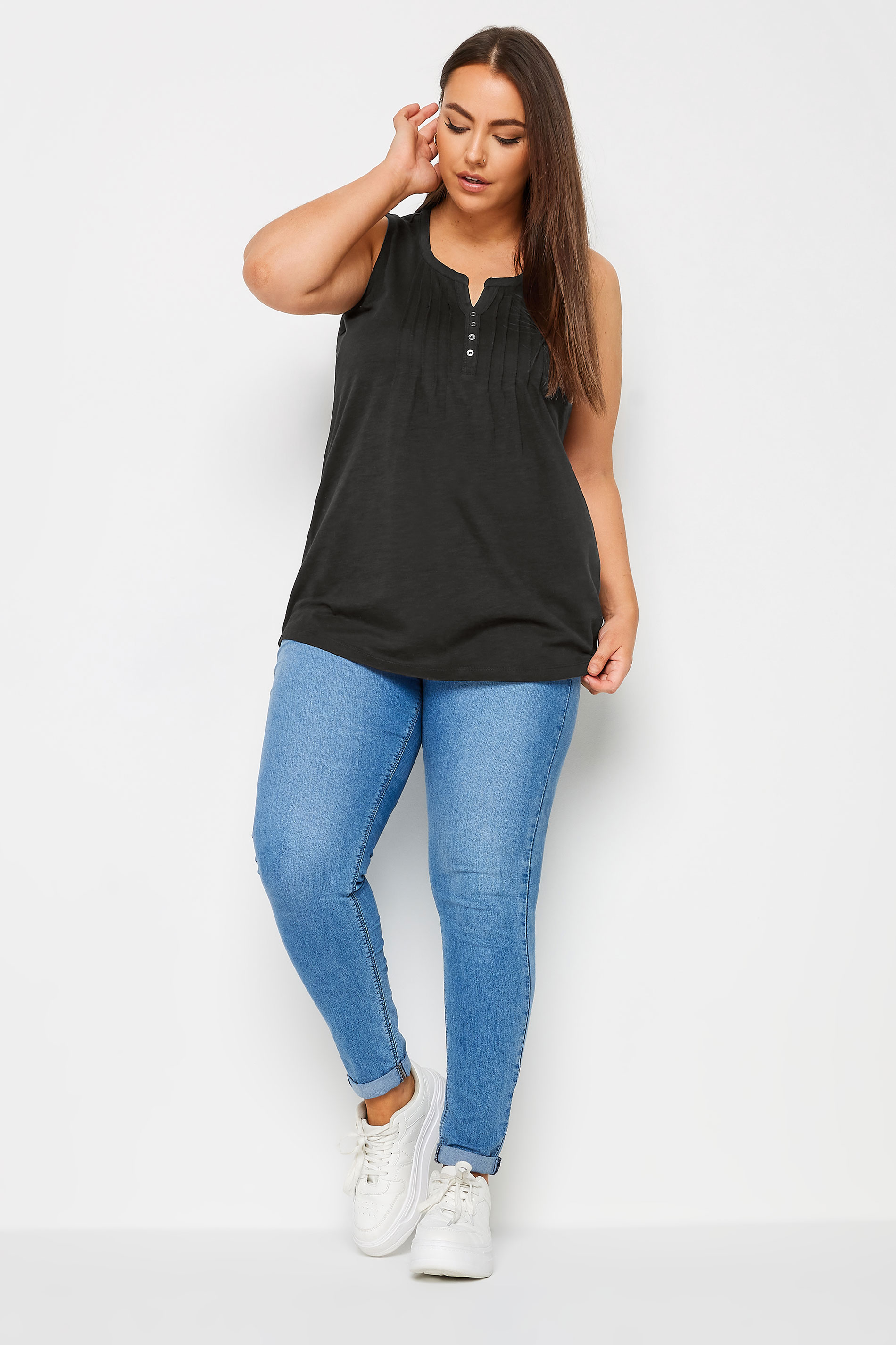 YOURS Plus Size Black Pintuck Henley Vest Top | Yours Clothing 2