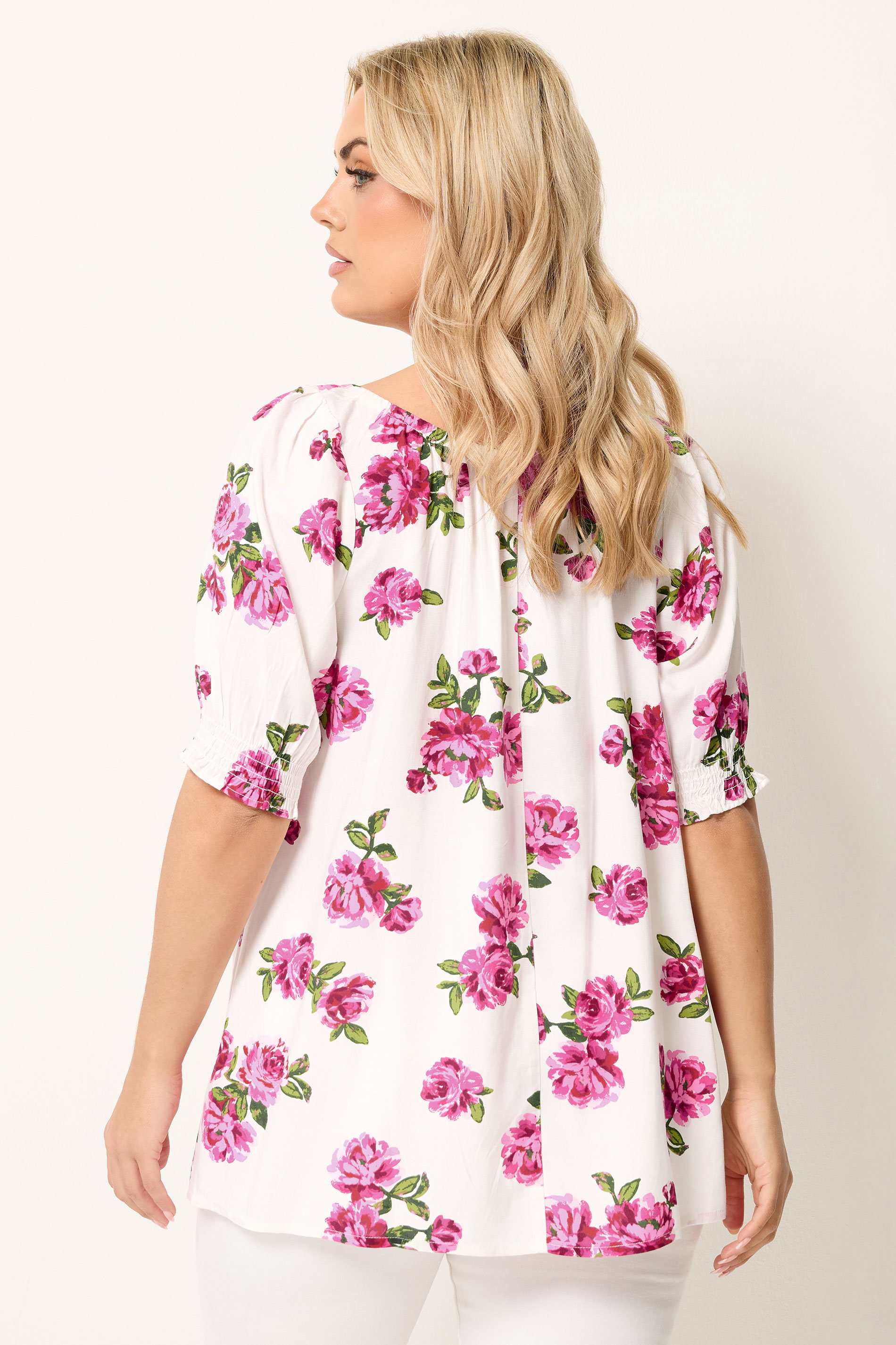YOURS Plus Size White Floral Print Puff Sleeve Top | Yours Clothing 2