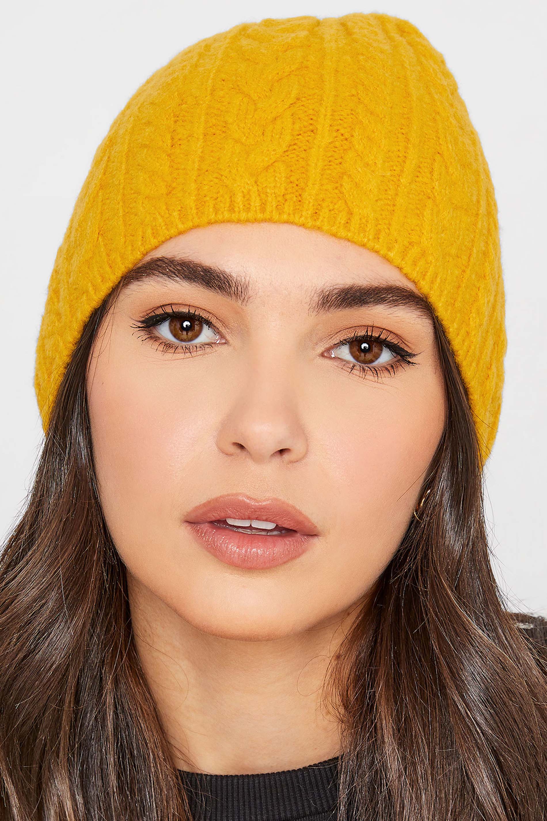 Plus Size Mustard Yellow Cable Beanie Hat | Yours Clothing 1