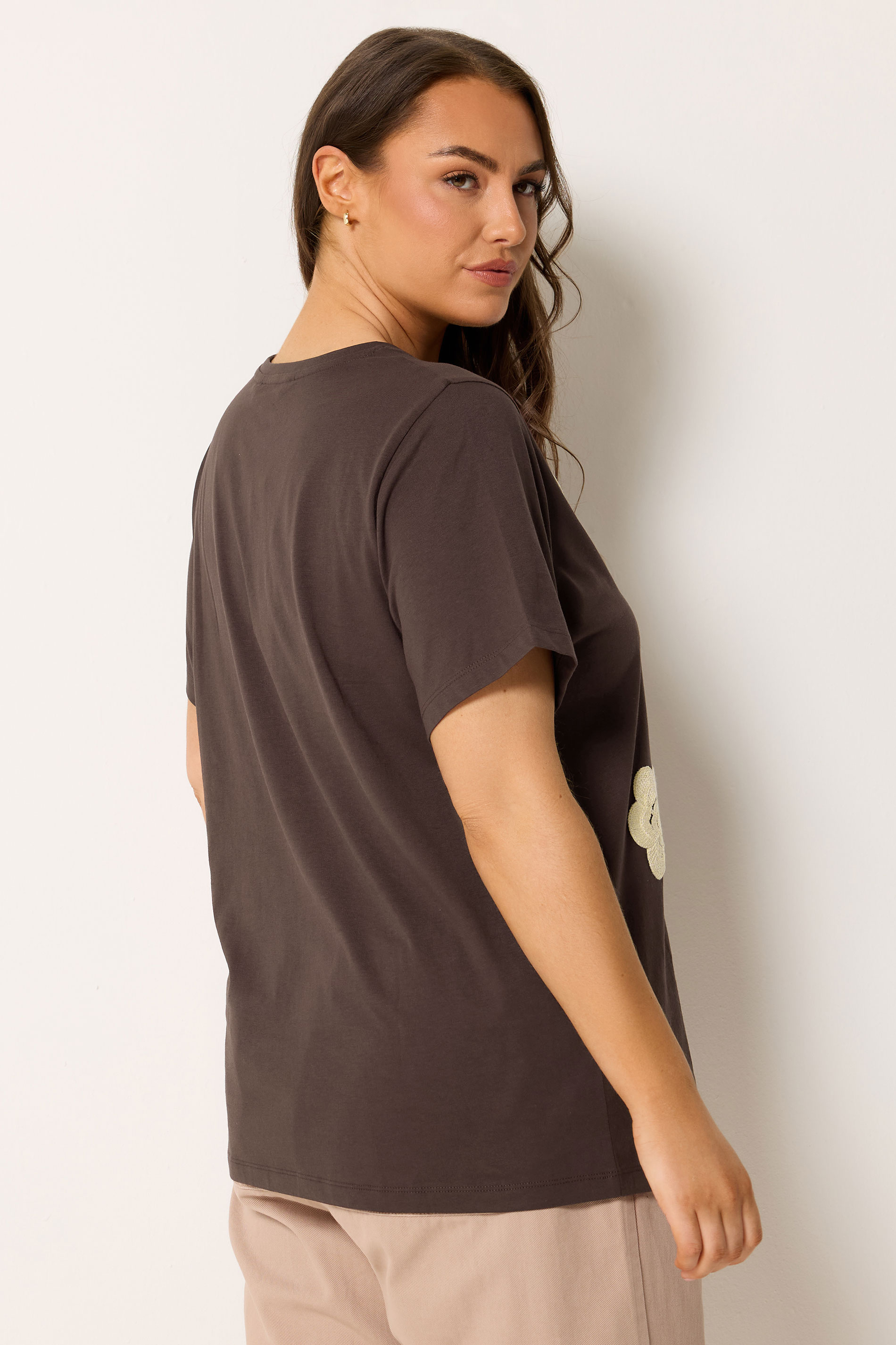 YOURS Plus Size Chocolate Brown Daisy Applique T-Shirt | Yours Clothing 2