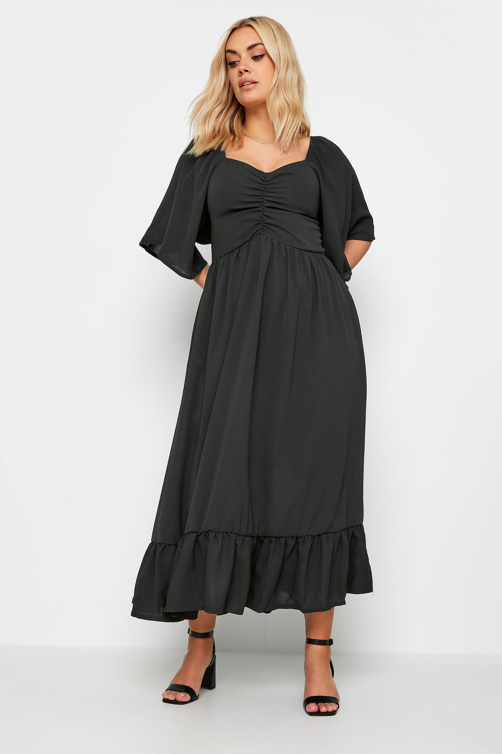 LIMITED COLLECTION Plus Size Black Ruched Angel Sleeve Dress | Yours Clothing 2
