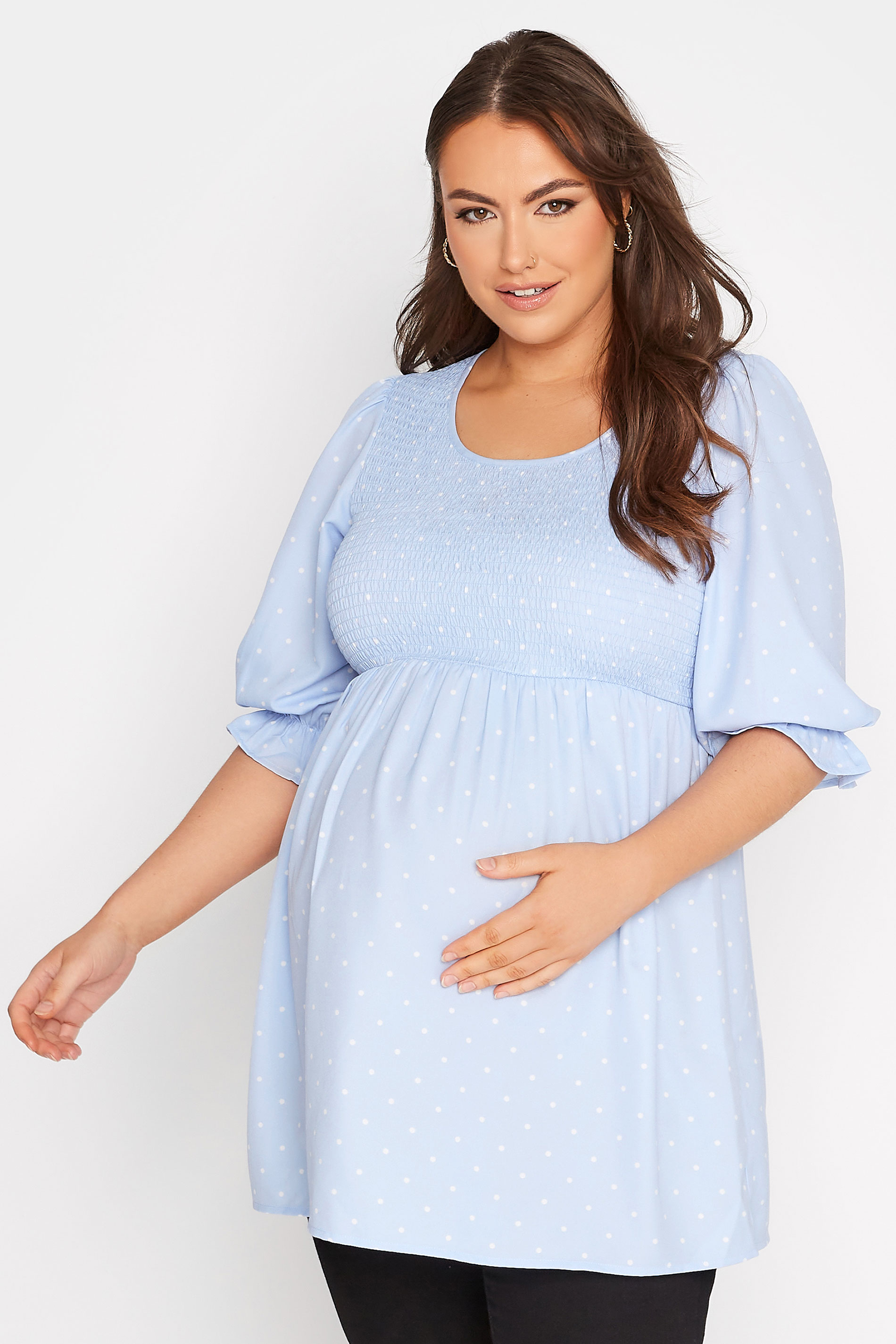 BUMP IT UP MATERNITY Plus Size Light Blue Polka Dot Shirred Top | Yours Clothing 1