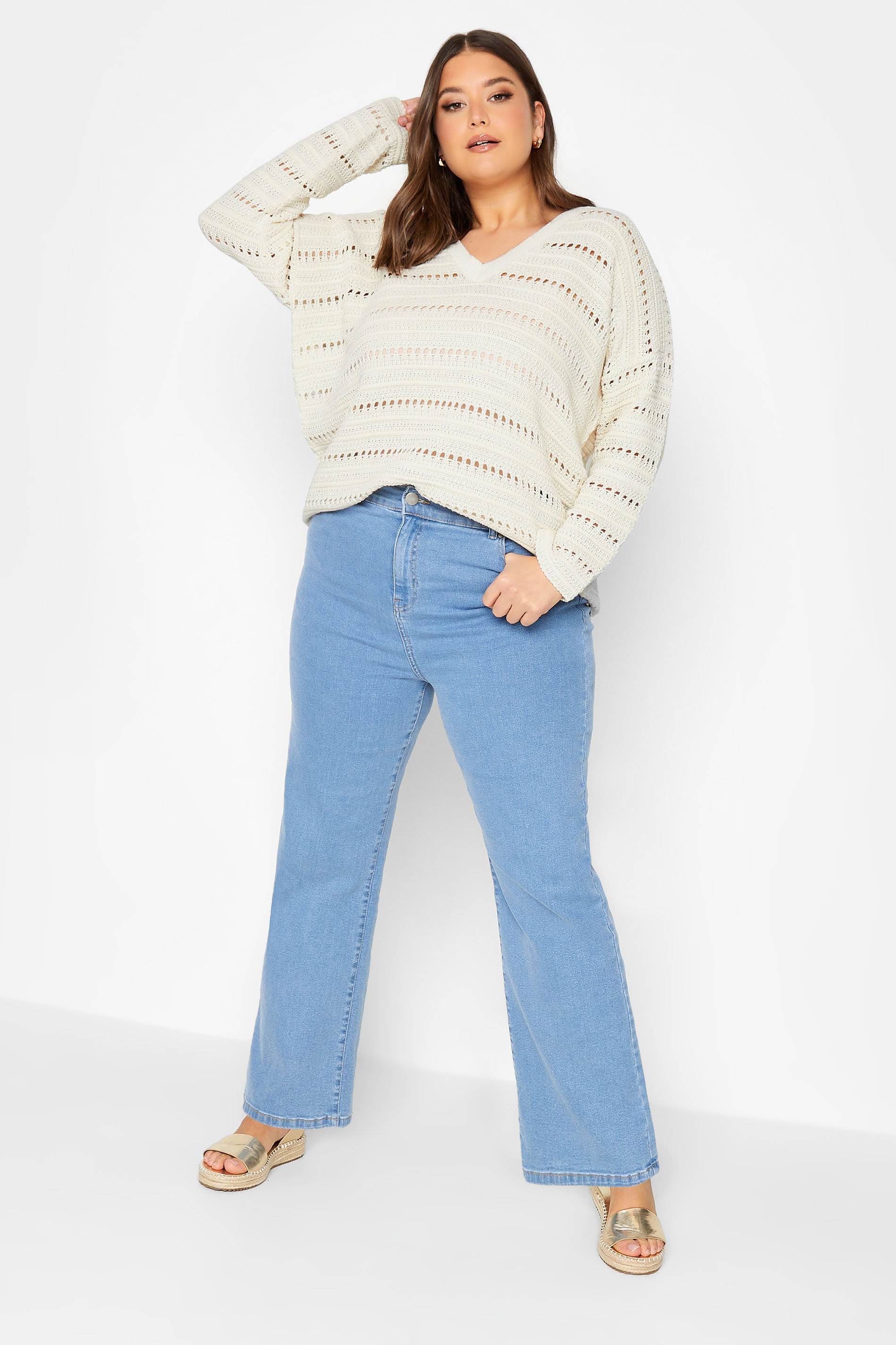 YOURS Curve Plus Size Cream Crochet V-Neck Jumper | Yours Clothing  2